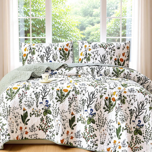 WHWODIDE Boho Floral Quilt Set King Size, Lightweight Microfiber Bedspread Coverlet, Soft All Season Bedding with 2 Pillow Shams, Vintage Botanical Green Flowers Pattern (New-Green Flowers, King)
