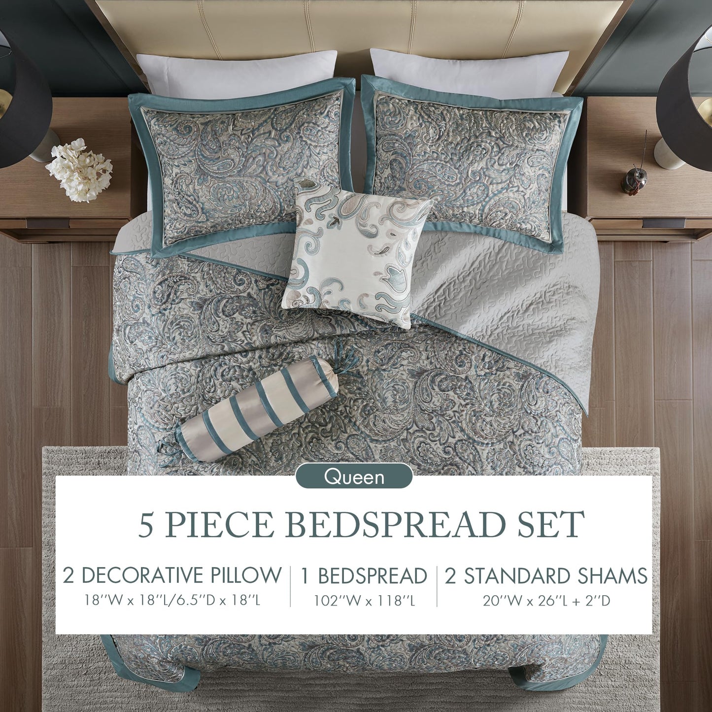 Madison Park Aubrey Reversible Quilted Bedspread Set, Solid Reverse Summer Breathable, Lightweight All Season Bedding Layer, Matching Shams, Bedspread Queen(102"x118") Teal 5 Piece