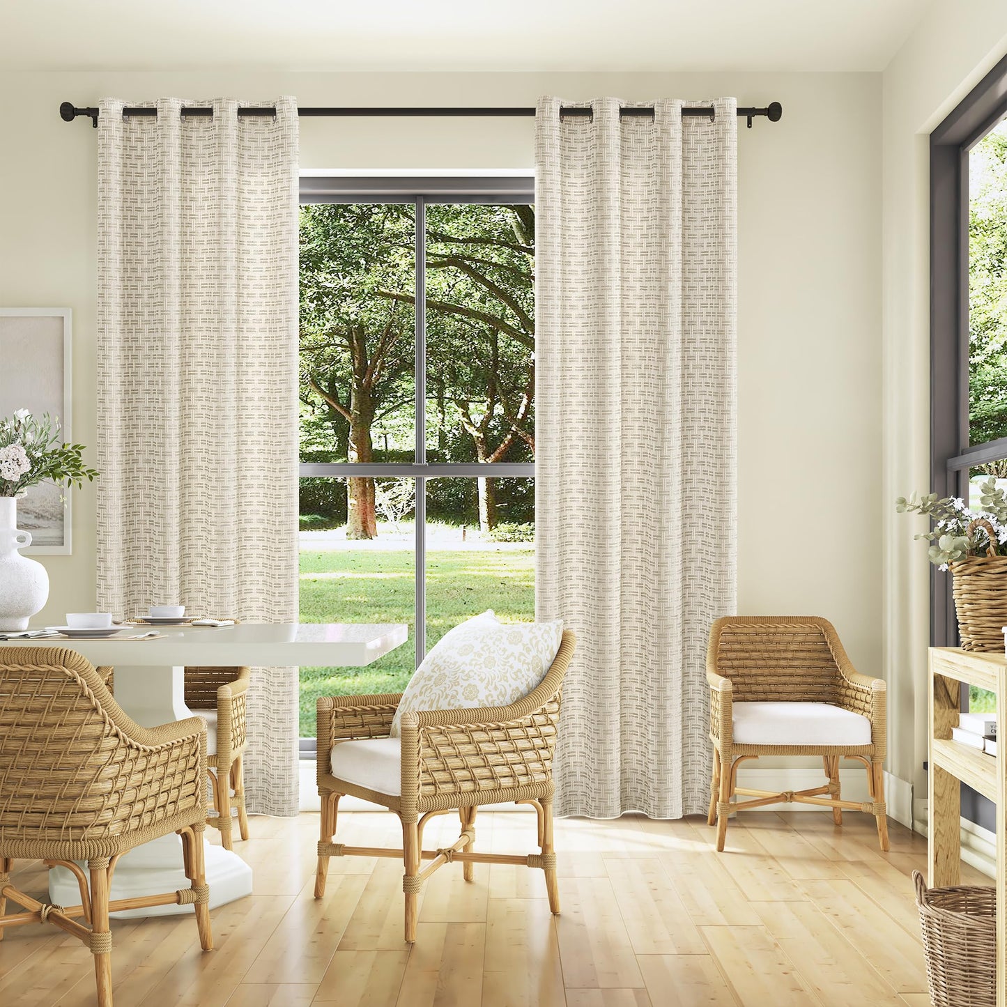 ChrisDowa Semi Sheer Natural Linen Curtains 84 Inches Long 2 Panels for Living Room Dining Room Plaid Patterned Light Filtering Voile Grommet Window Treatments Drapes Privacy Assured,52X84