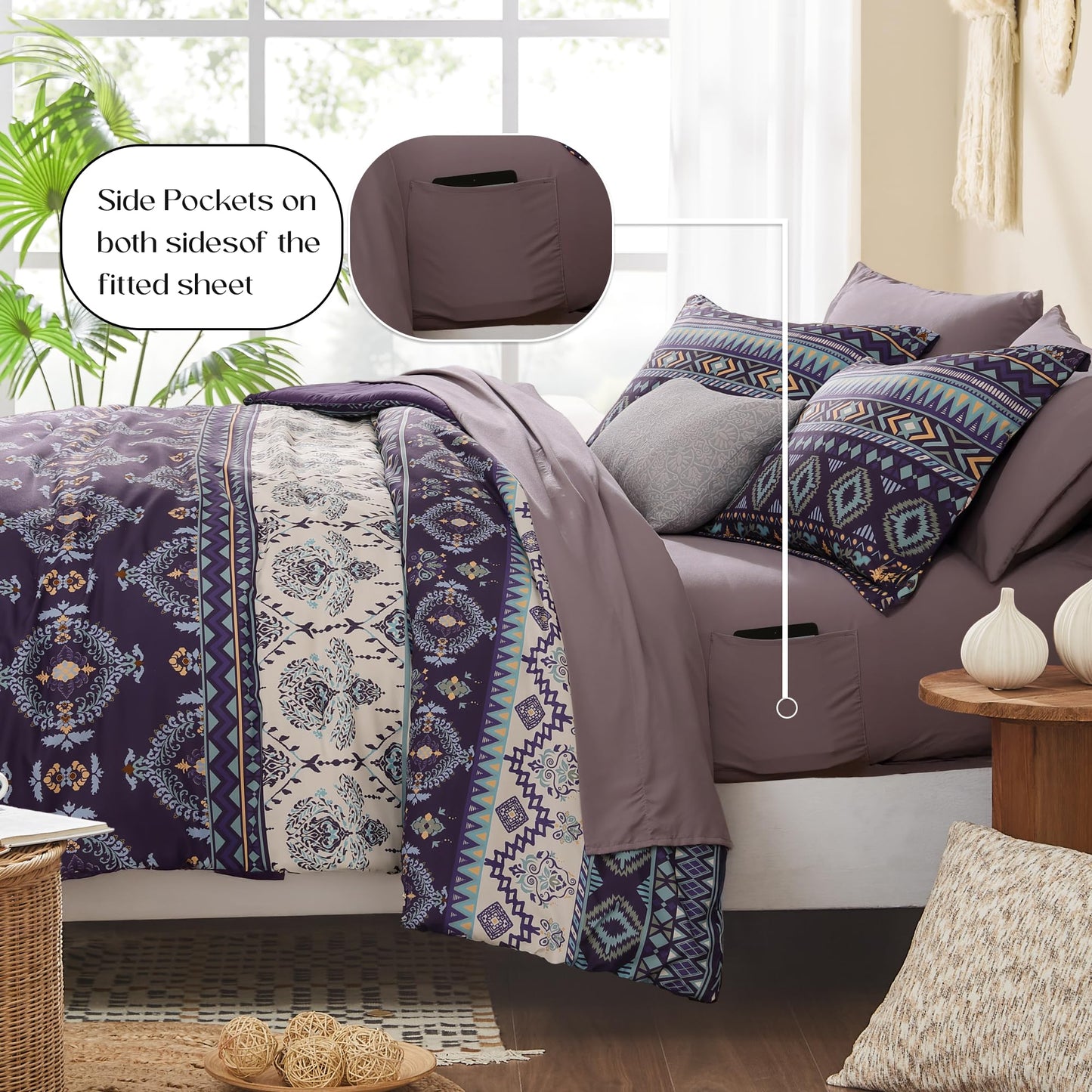 Geniospin Queen Comforter Set - 7 Pieces Bedding Set, Boho Bed in A Bag, Lightweight Soft Aztec Bedding, All Season Bed Comforter Set with Sheets, Pillowcases & Shams