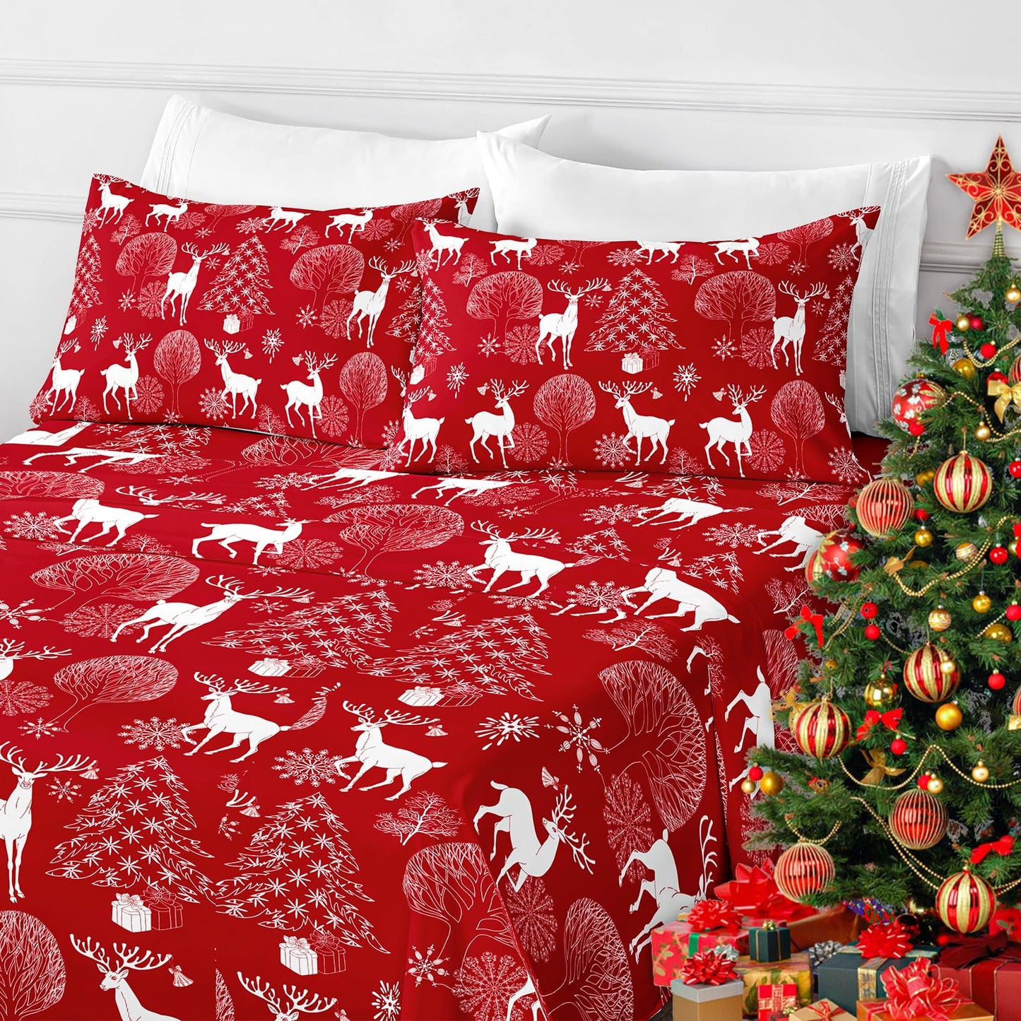 HCORA Christmas King Size Sheets Set, Luxury 1800TC Hotel Quality Double Brushed Microfiber Deep Pocket Bed Sheets, Ultra Soft, Breathable, 4PC, King