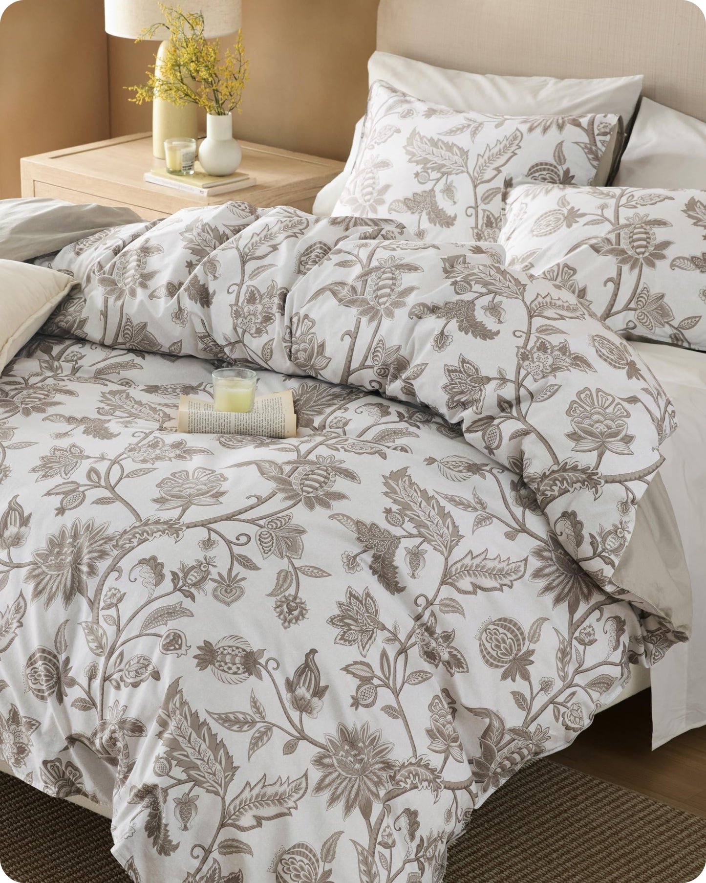 Bedsure Floral Duvet Cover Queen Size - 100% Cotton Reversible Entwined Vines Pattern Duvet Cover Set, 3 Pieces Soft & Breathable PureWoven Bedding Set with 2 Pillow Shams (Linen Vines, 90"x90")