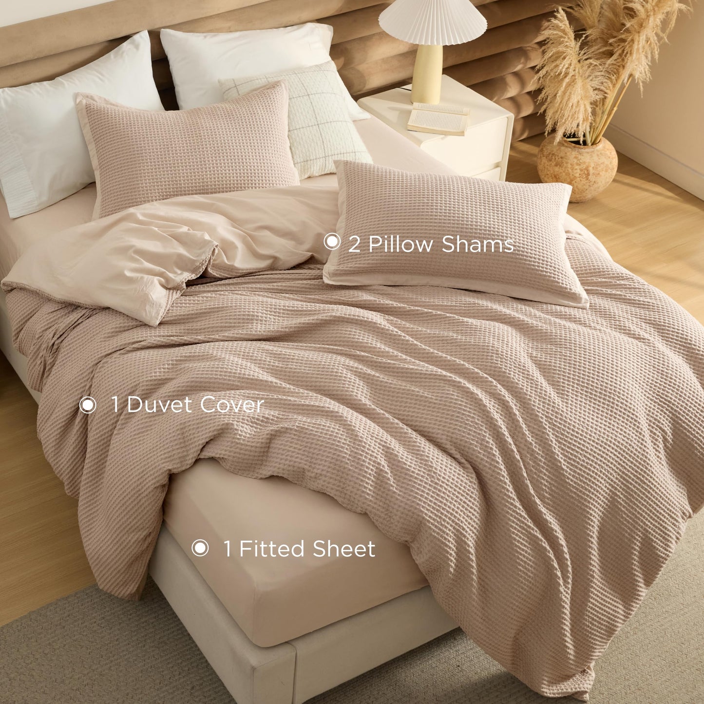 Bedsure 100% Cotton Duvet Cover Queen Size with Fitted Sheet - 4 Pieces Khaki Waffle Weave Duvet Covers, PureWowen Breathable Bedding Set Includes 1 Duvet Cover 90x90, 1 Fitted Sheet, 2 Pillow Shams