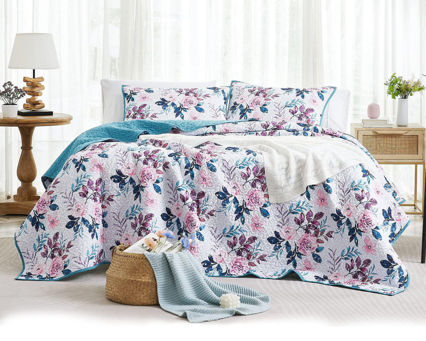 WRENSONGE Floral Quilt Queen Size - Reversible Botanical Flower Quilt Bedding Set Lightweight Bedspread Soft Coverlet for All Seasons (90"x94")
