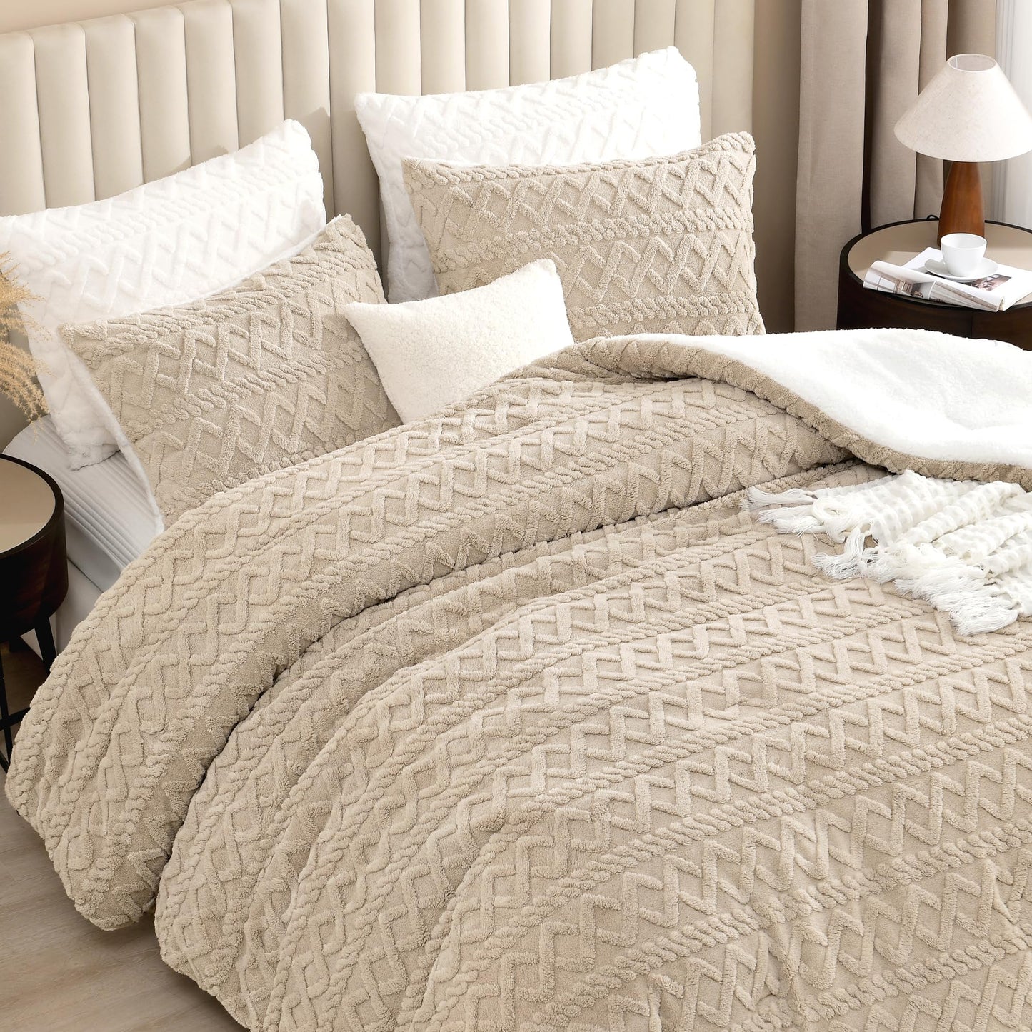 Andency Fluffy Sherpa Full Comforter Set, Super Soft Beige Fleece Warm Bedding for Winter, Luxury Jacquard Boho Thick Fuzzy Plush Bed Set 3 Pieces(1 Shaggy Comforter, 2 Pillowcases)