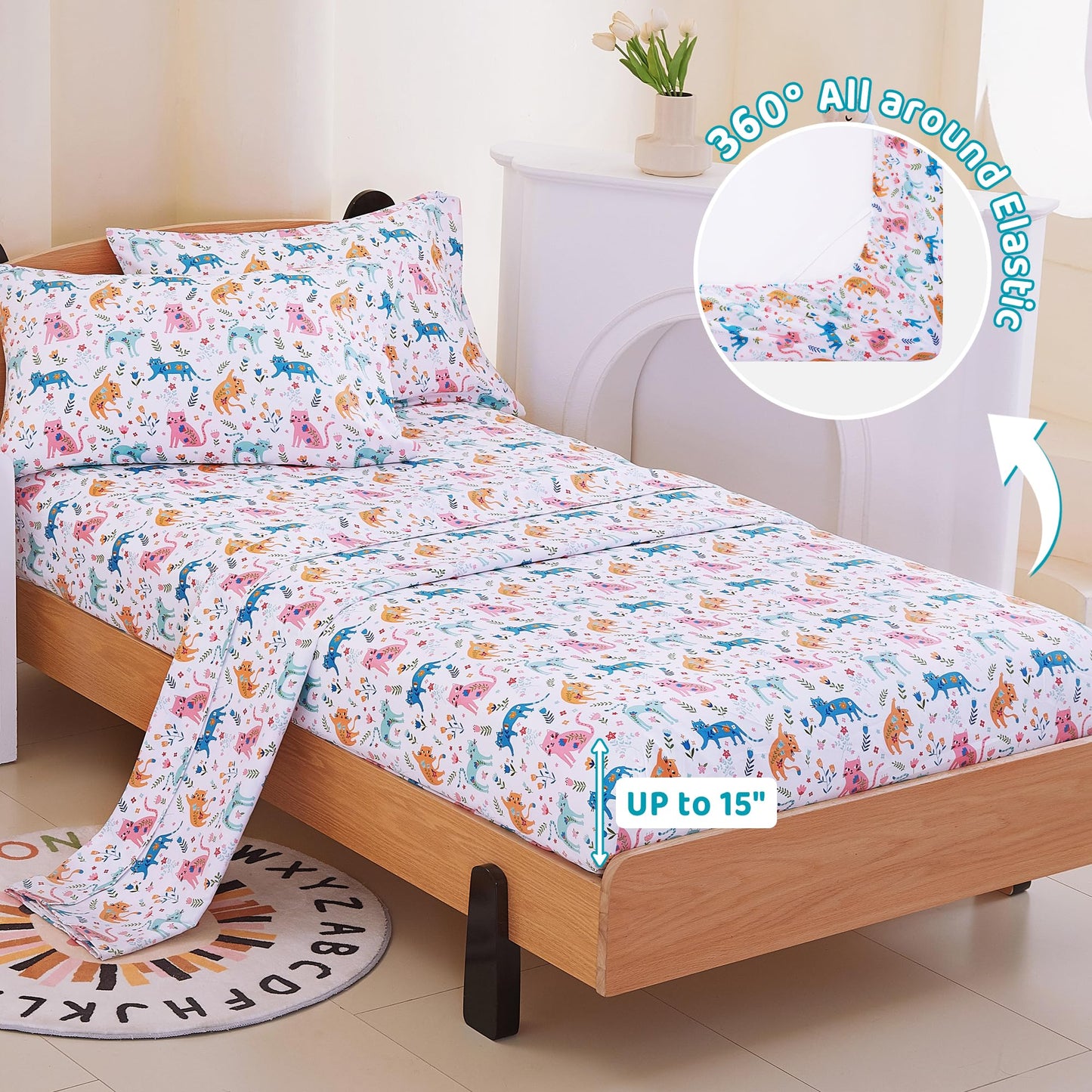 Viviland 3 Pieces Girls Pink Cat Twin Sheet Set - Soft Microfiber Fitted Flat Sheets & Pillowcase - Kids Colorful Floral Leaf Print Bedding Sets - for Kids & Toddlers