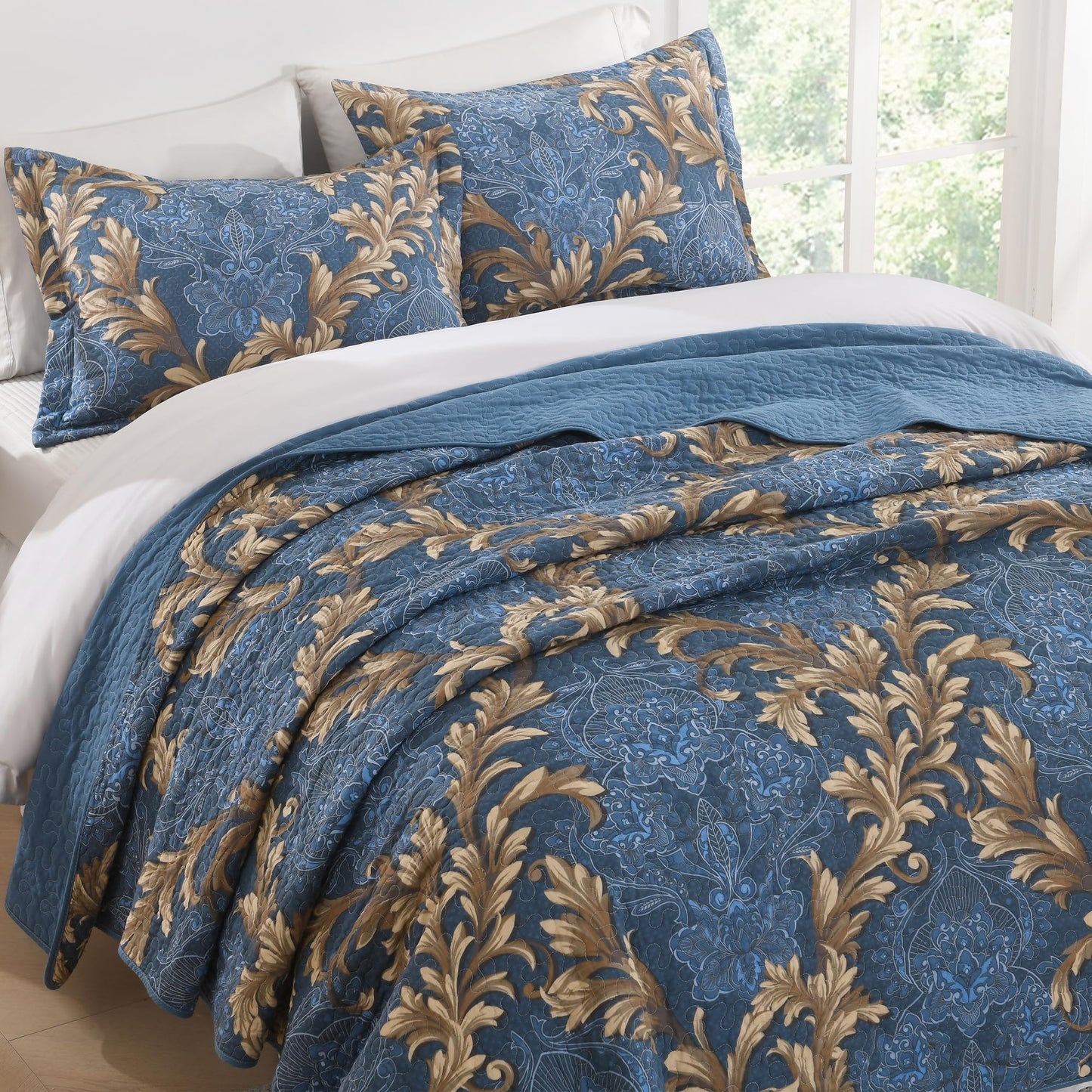 BCOTTOND King Size Quilt Set - Blue and Brown Quilt King, 100% Cotton Damask Bedspread Set 3 Piece, Classic Elegant Lightweight Comforter, Reversible Quilt Bedding Set for All Season