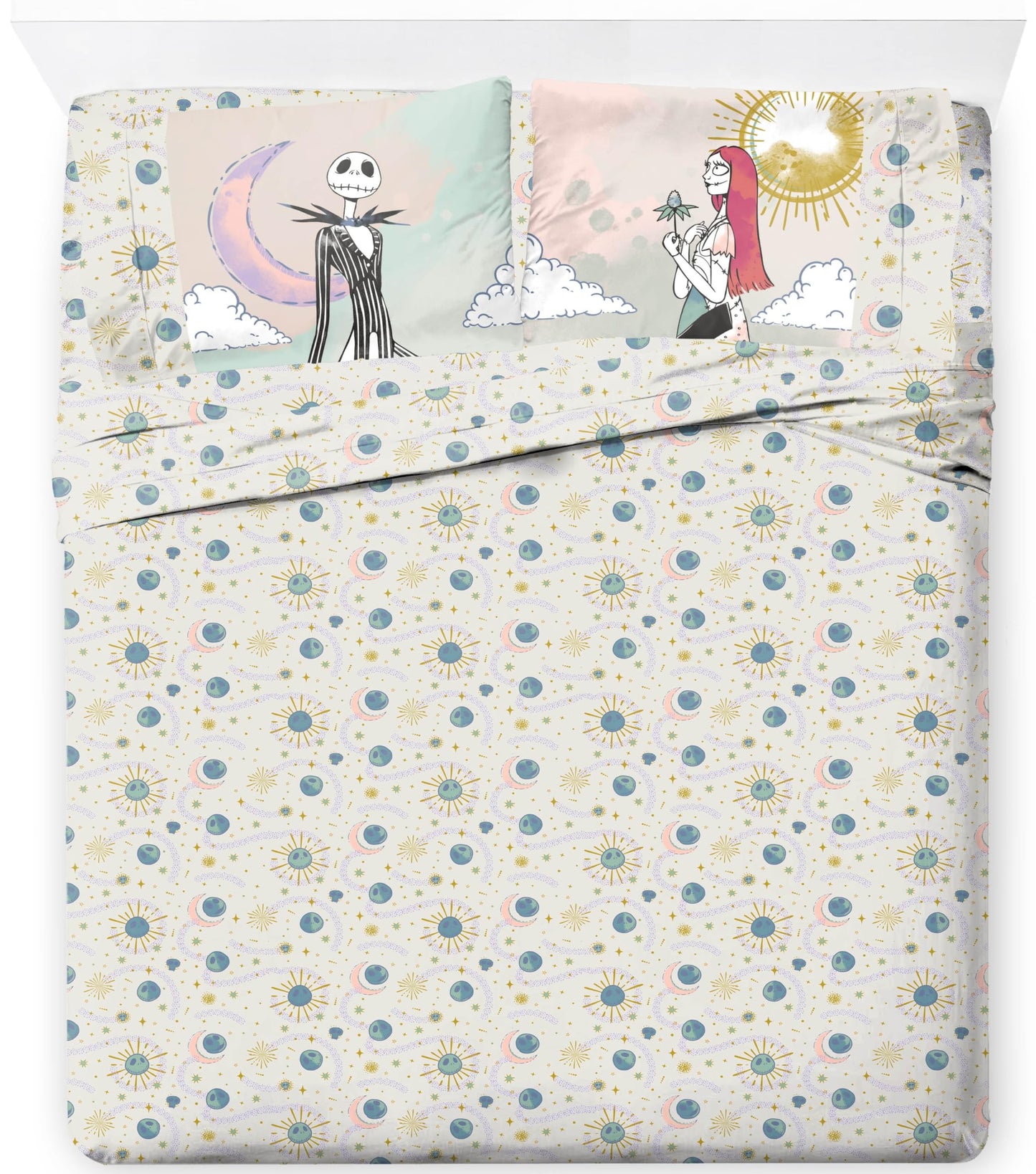 Jay Franco Sheet Set with Fitted, Flat Sheets & Pillow Cover - Ultra-Soft Bedding with Pillowcase for Room Decor, Beige - Nightmare Before Christmas, 4 Piece Queen
