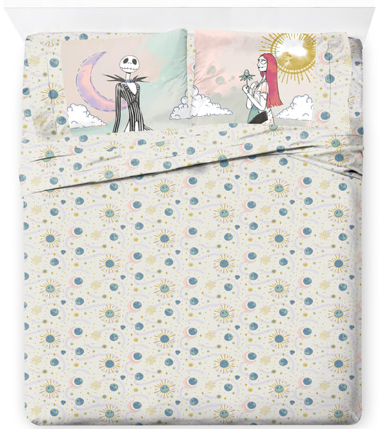 Jay Franco Sheet Set with Fitted, Flat Sheets & Pillow Cover - Ultra-Soft Bedding with Pillowcase for Room Decor, Beige - Nightmare Before Christmas, 4 Piece Queen