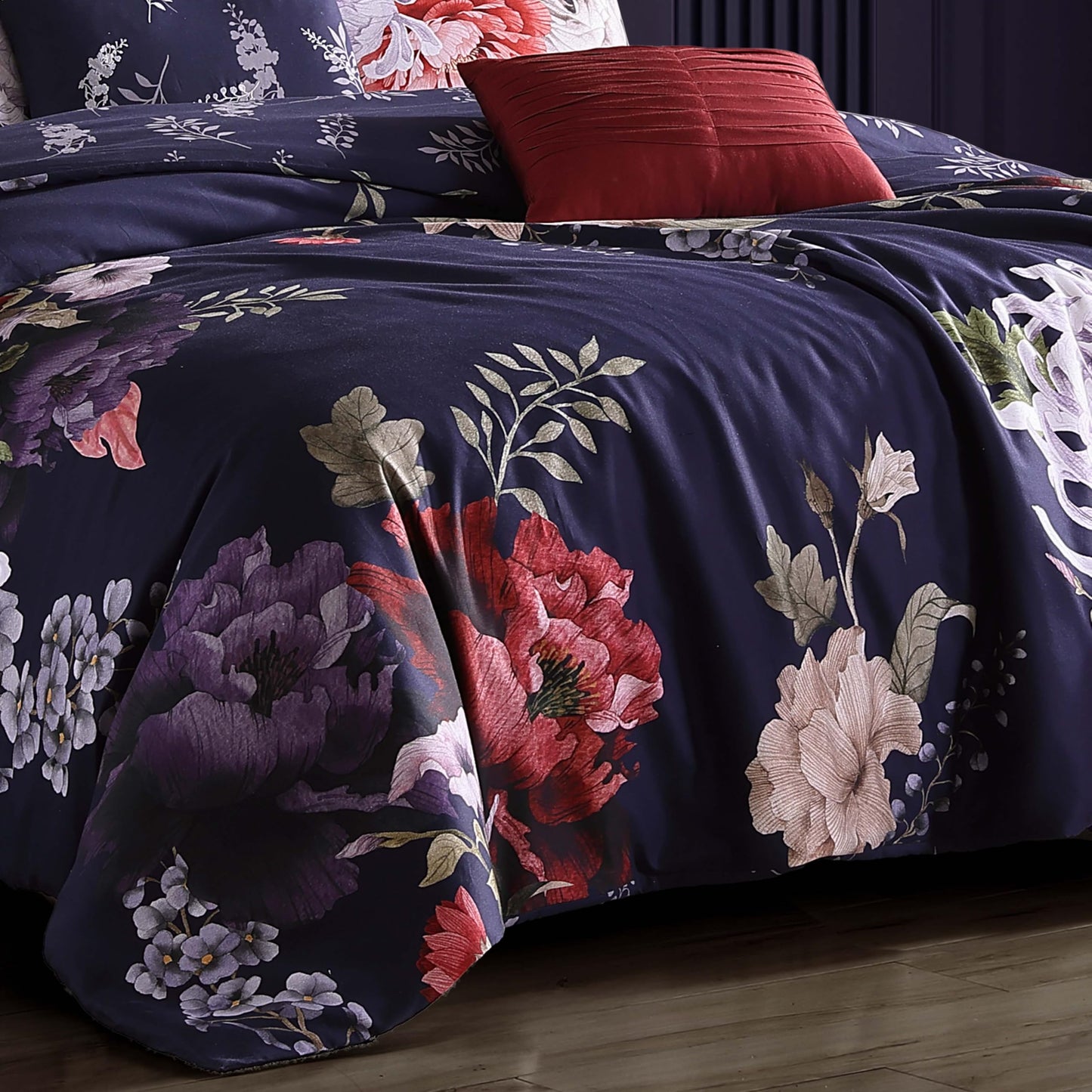 Bebejan Deep Purple Garden 5 Piece Comforter Set, 100% Cotton Sateen, 200 Thread Count, Floral Reversible Bedding Comforter Set, 1 Comforter, 2 Shams & 2 Pillows (King/Cal King)