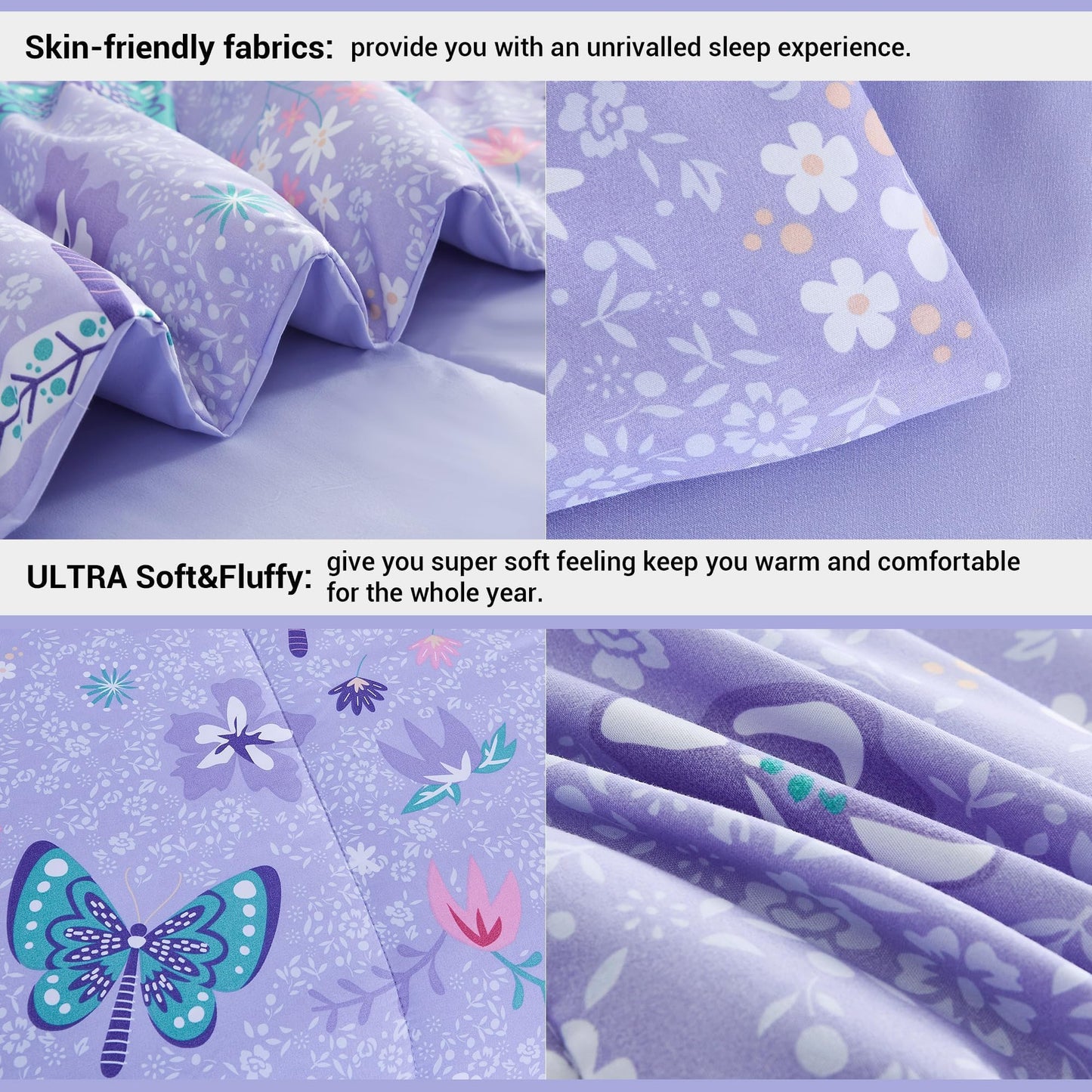 Mooreeke Kids Twin Comforter Sets for Girls 6 Pieces Butterfly Purple Bedding Set for Teens Soft Microfiber Kids Bed in A Bag with Comforter, Sheet Set, Shams and Decorative Toy Pillow All Season
