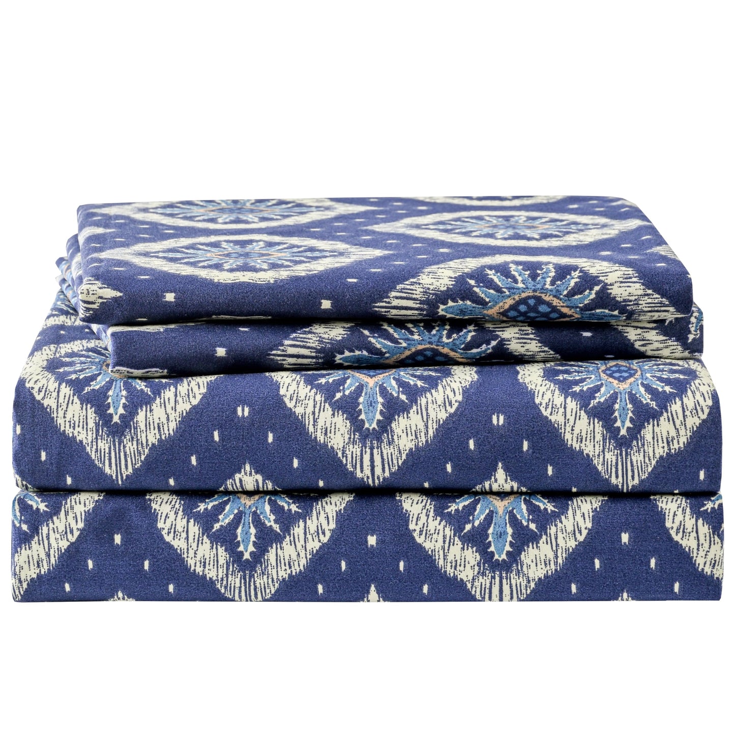 Yibeizi Navy Blue Patterned Queen Sheet Set Boho Printed Bed Sheets Microfiber Bedding Sheets & Pillowcases Soft 15" Extra Deep Pocket Fitted Bedsheet 4 Piece