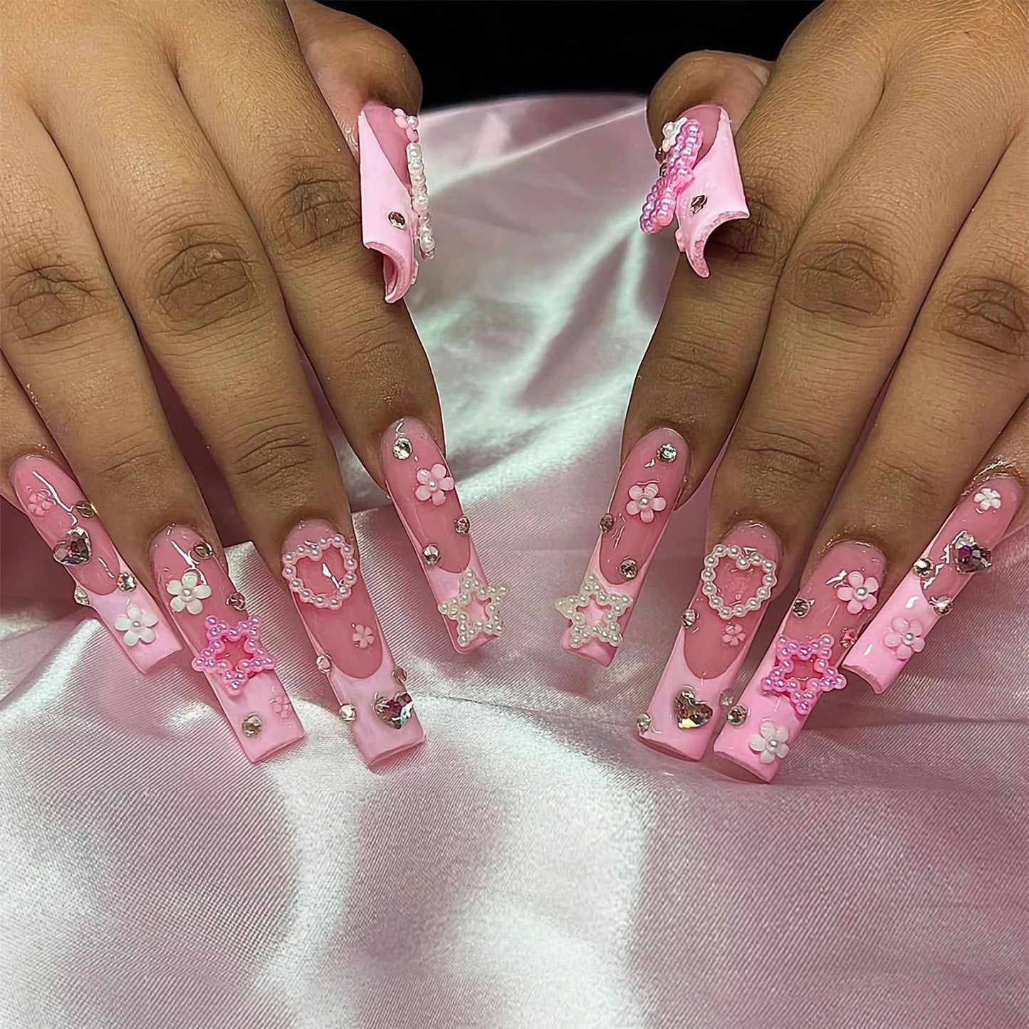 BABALAL Long Square Press on Nails - Pink French Tip Fake Nails, 3D Pearl Bow Heart Charm Acrylic Nails for Valentines Day, 24Pcs