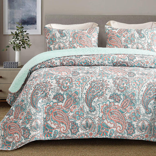 Exclusivo Mezcla Reversible Boho Quilts Queen Size, Aqua Soft Bedspreads Lightweight Coverlet All Season Paisley Quilt Bedding Set with Printed Floral Pattern (1 Quilt, 2 Pillow Shams)
