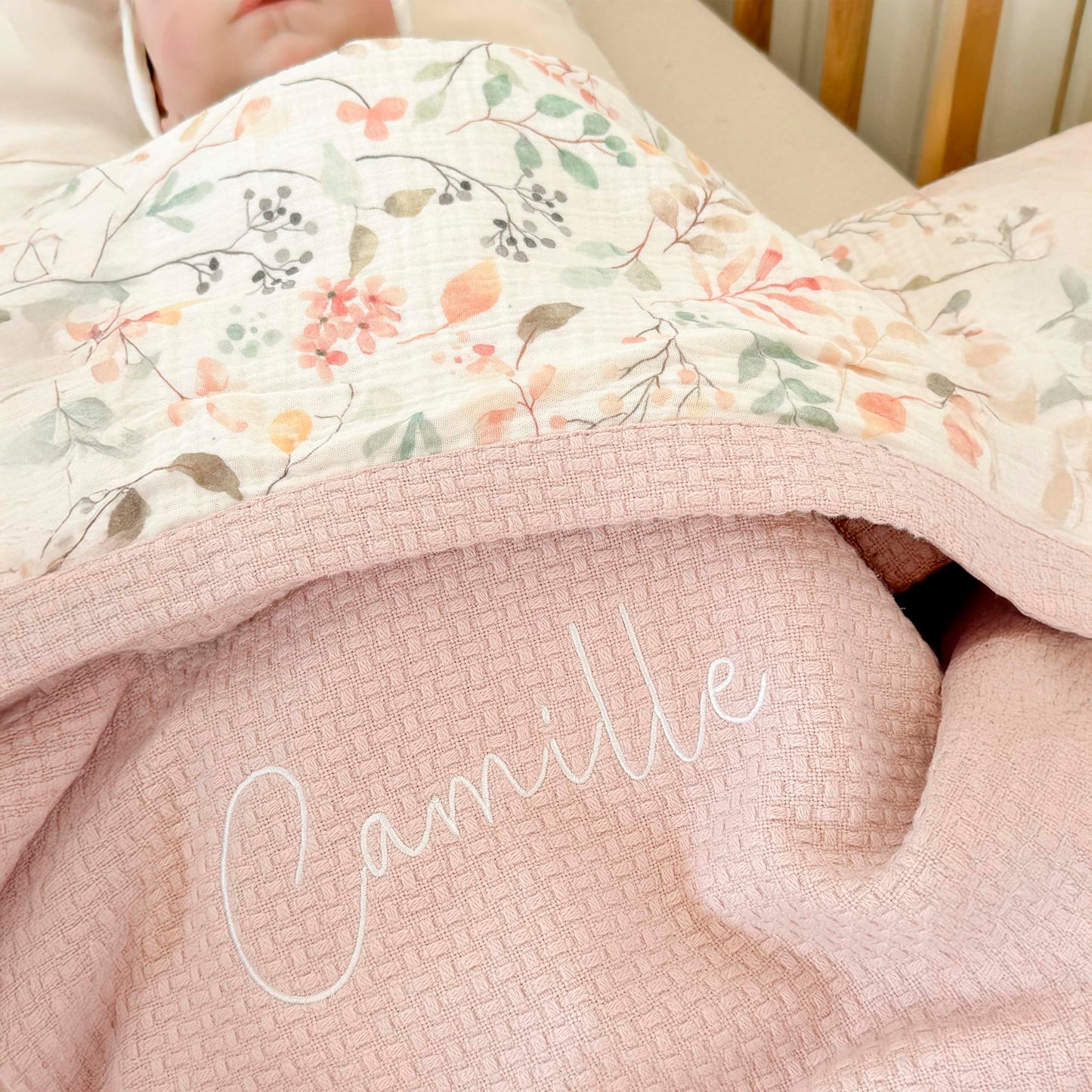 Mouliss Personalized Baby Blanket with Name – Handmade 100% Organic Cotton Newborn Gift | Custom Knit Blanket for Boys, Girls, Kids & Baby Showers (Petal Pink/Petal Whispers)
