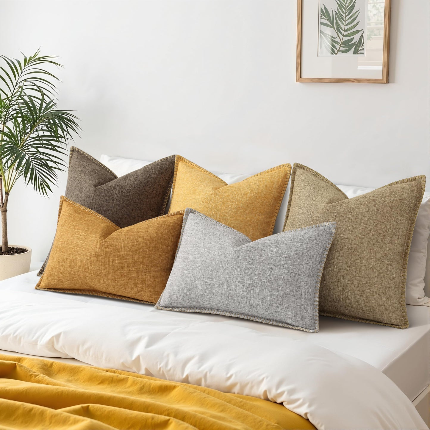 decorUhome Summer Decorative Throw Pillow Covers 22x22 Set of 2 Square Faux Linen Outdoor Neutral Farmhouse Euro Sham Pillow Covers with Stitched Edge for Couch Sofa Living Room, Bronze Gold
