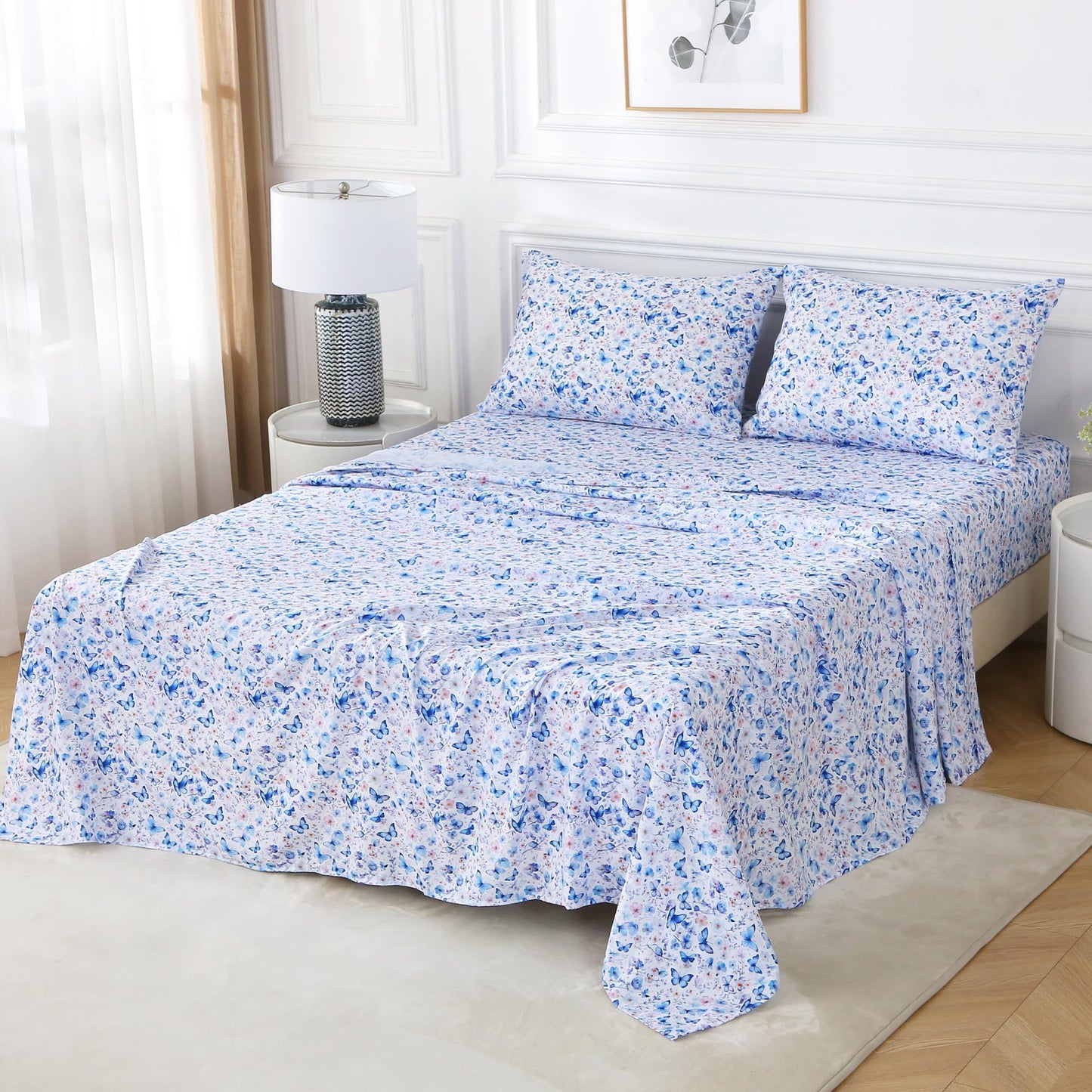 Softan Queen Floral Sheets, Microfiber Blue Flower Printed Fitted Sheets with Non-Slip Corner Straps and 15" Deep Pocket, Butterfly Patterned Cozy Bed Sheets & Pillowcase Sets