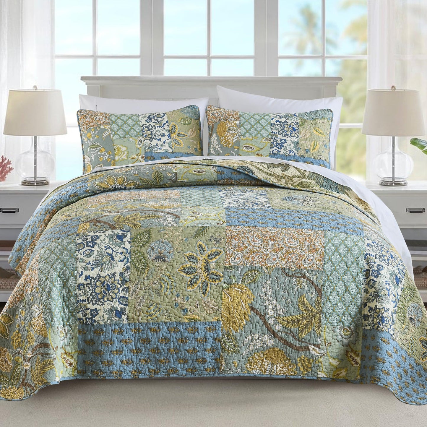 NEWLAKE Quilt Set King Size, 100% Cotton Patchwork Green Bohemian Quilt Sets, Reversible Bedspread Lightweight and Breathable for All Seasons, Soft Quilted Bedspread with 2 Pillow Shams