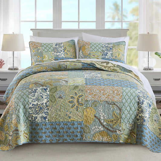 NEWLAKE Quilt Set King Size, 100% Cotton Patchwork Green Bohemian Quilt Sets, Reversible Bedspread Lightweight and Breathable for All Seasons, Soft Quilted Bedspread with 2 Pillow Shams
