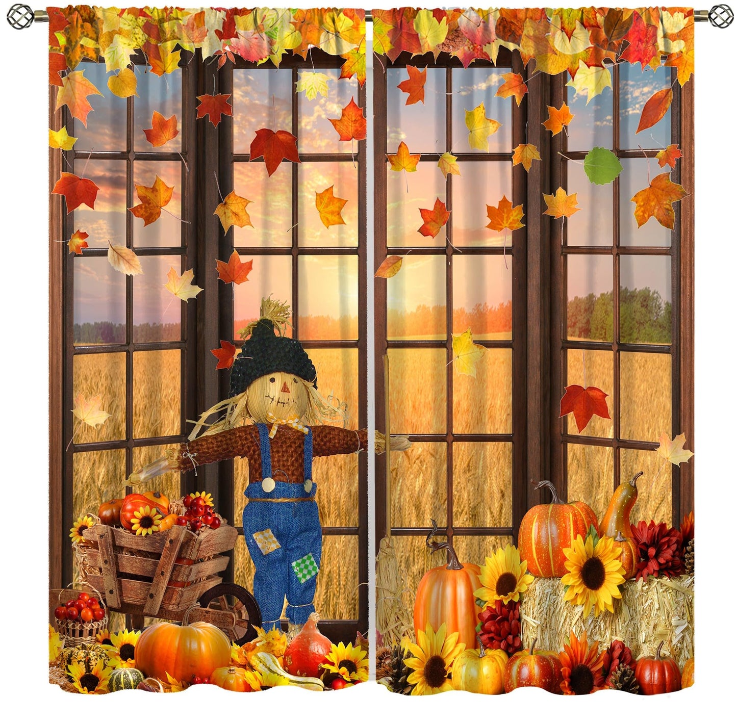 Autumn Decor Curtains for Kitchen,Autumn Sunset Paddy Field Maple Leaf Falling Leaves Harvest Fruit Pumpkin Sunflower Flower Scarecrow Window Drapes for Boys Girls Bedroom Living Room 42x45in