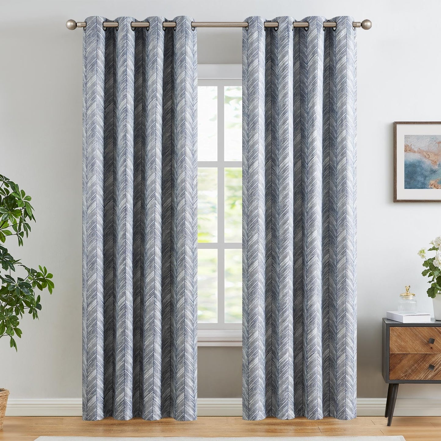 jinchan Blue Printed Curtains 84 Inch Length for Living Room Grommet Jacquard Curtains with Herringbone Pattern Modern Room Darkening Drapes Bedroom Window Curtain Set 2 Panels