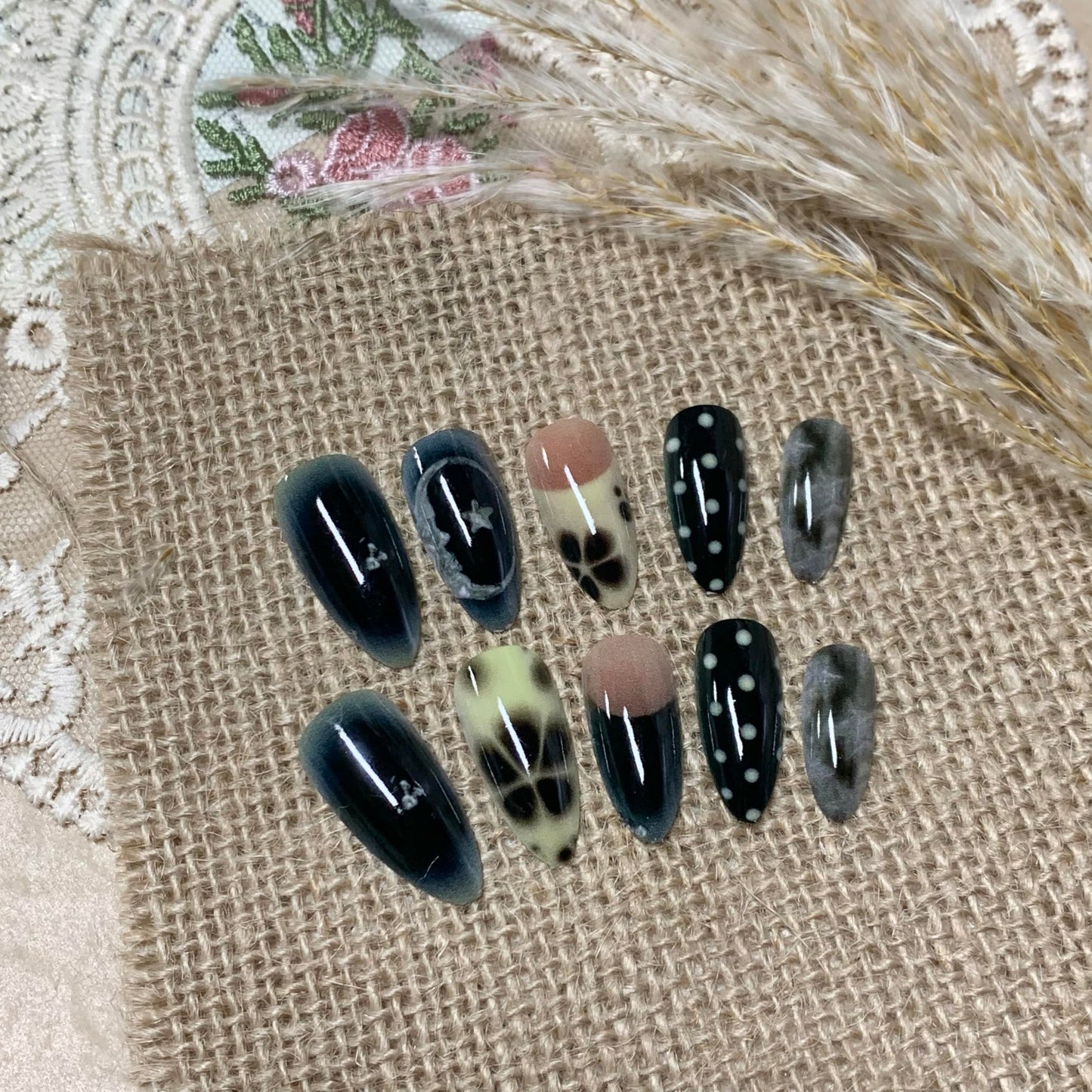 BABALAL Press on Nails Medium Almond Fake Nails Black Goth Glue ons Design Anime Flower Polka Dot Y2k Supplies Handmade Art 24Pcs Glossy Custom Full Cover Acrylic False Nails for Women Girls