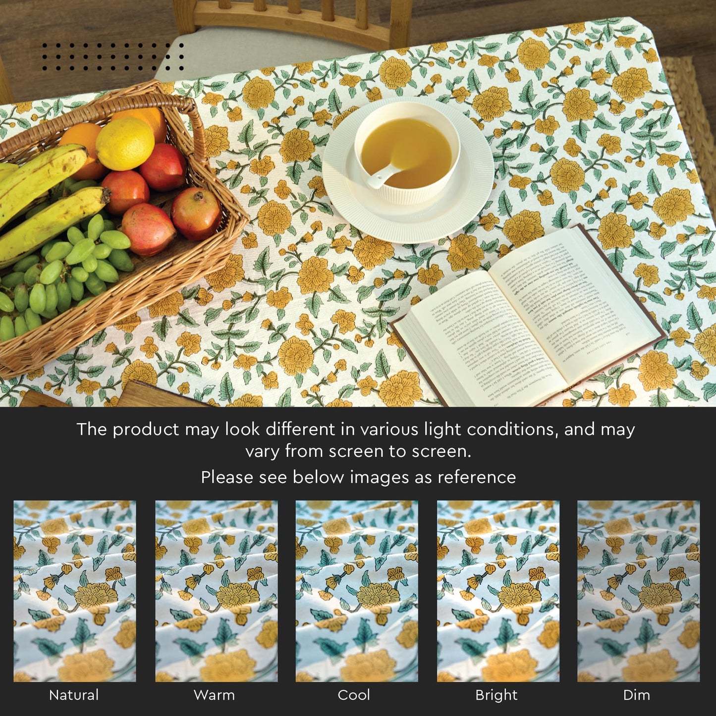 Encasa XO Rectangular Tablecloth 56"x72" 6 ft Yellow Jaipuri Block Print Cotton Dining Table Cloth | Handcrafted Floral tablecloths – Machine Washable for Indoor, Outdoor, Everyday Use