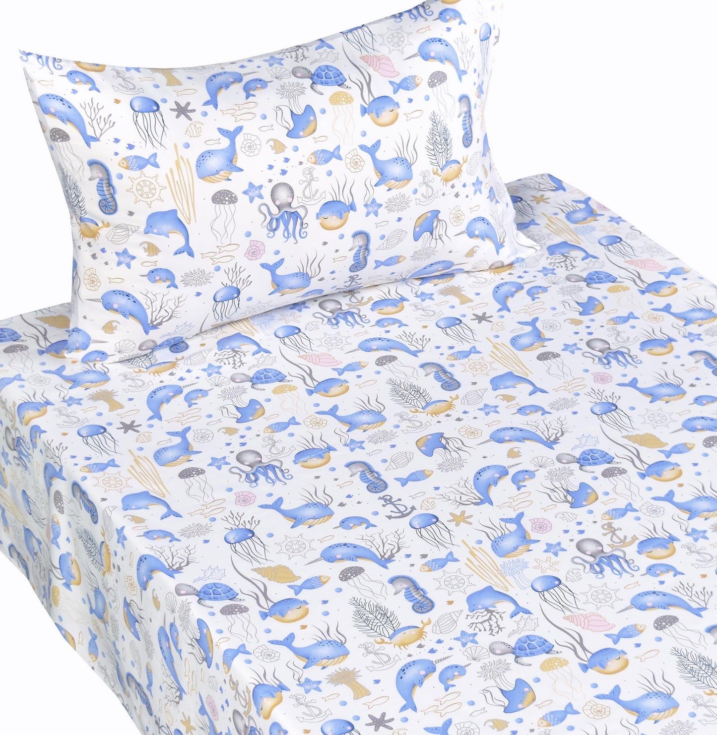 Scientific Sleep Sea Animals Dolphin Whale Octopus Jellyfish Cute Fun 100% Cotton Cozy Twin Bed Sheet Set, Flat Sheet & Fitted Sheet & Pillowcase Natural Bedding Set (Blue Whale, Twin)