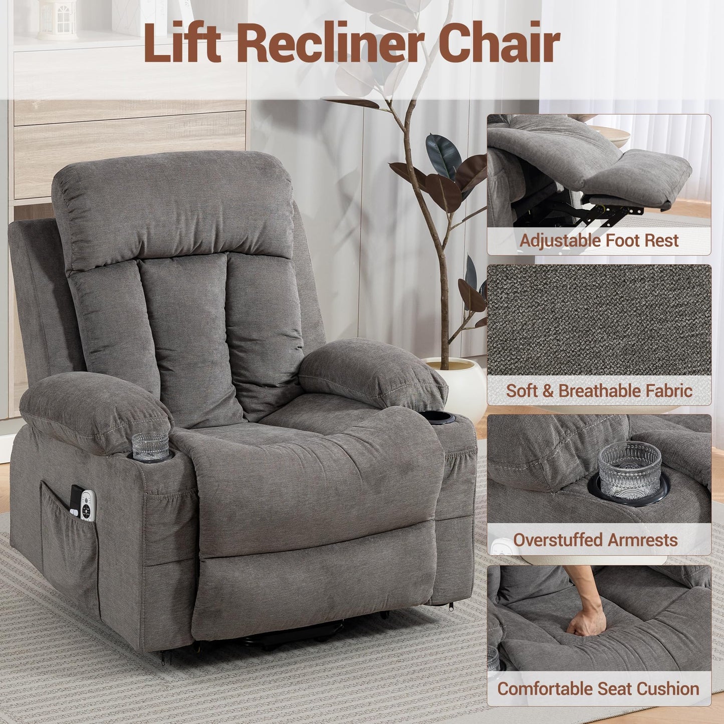 WENTUM Lift Chair for Elderly with 8 Vibration Points Massage and Heat, Power Electric Recliner Featuring Cup Holders Side Pockets & USB Charge Port for Living Room, Grey