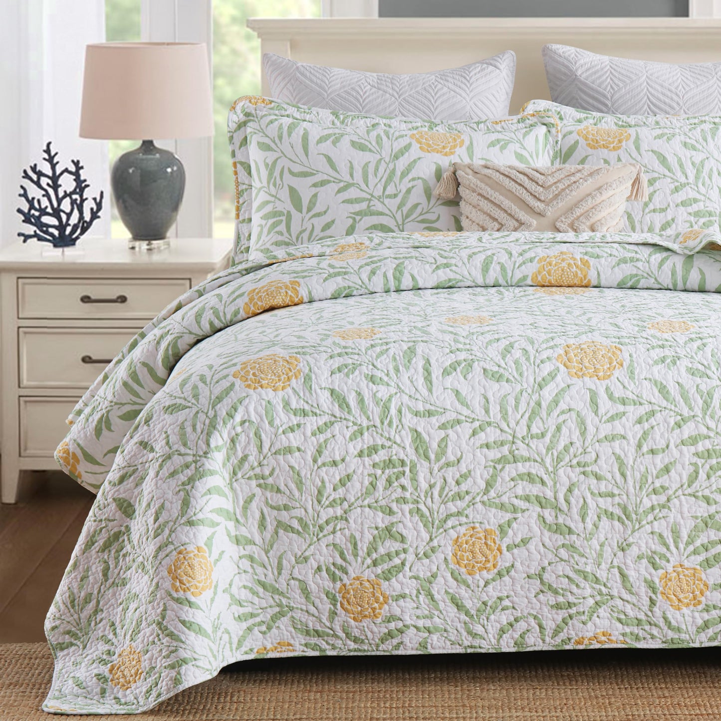 Homzard Queen Comforter Set for Bed Floral Quilt Queen size-100% Cotton Yellow,Green,sage Bedspreads (90 * 98 Inch) with 2 Pillow Shams, Lightweight Garden Bedding Spring and Summer Style