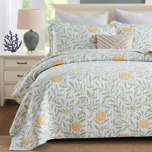 Homzard Queen Comforter Set for Bed Floral Quilt Queen size-100% Cotton Yellow,Green,sage Bedspreads (90 * 98 Inch) with 2 Pillow Shams, Lightweight Garden Bedding Spring and Summer Style