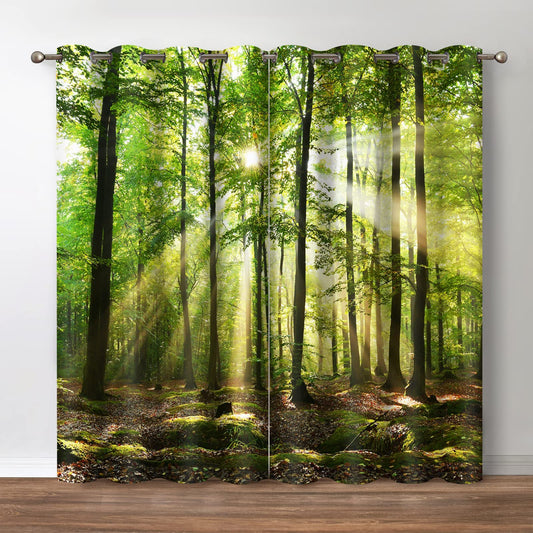 Jekeno Forest Blackout Curtains - Green Tree in Bright Sunshine Pathway in The Mountains Jungle Nature Scenery Decor Home Bedroom Living Room Darkening Grommet Window Drapes 2 Panel Set,52x84 in