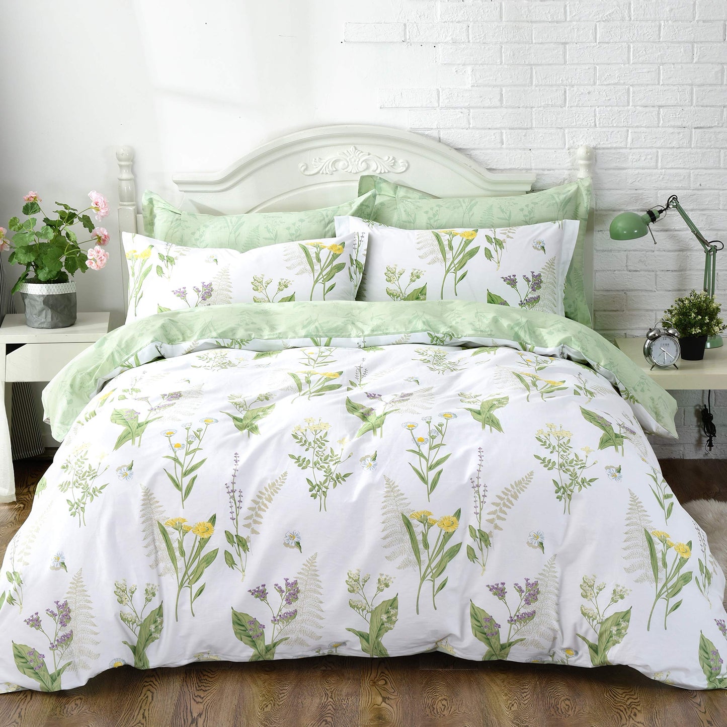 FADFAY Farmhouse Premium Shabby Green Daisy and Botanical Lavender Flowers 100% Cotton Bedding Set King Duvet Cover Set with Hidden Zipper Closure 3-Piece:1 Duvet Cover & 2Pillowcases