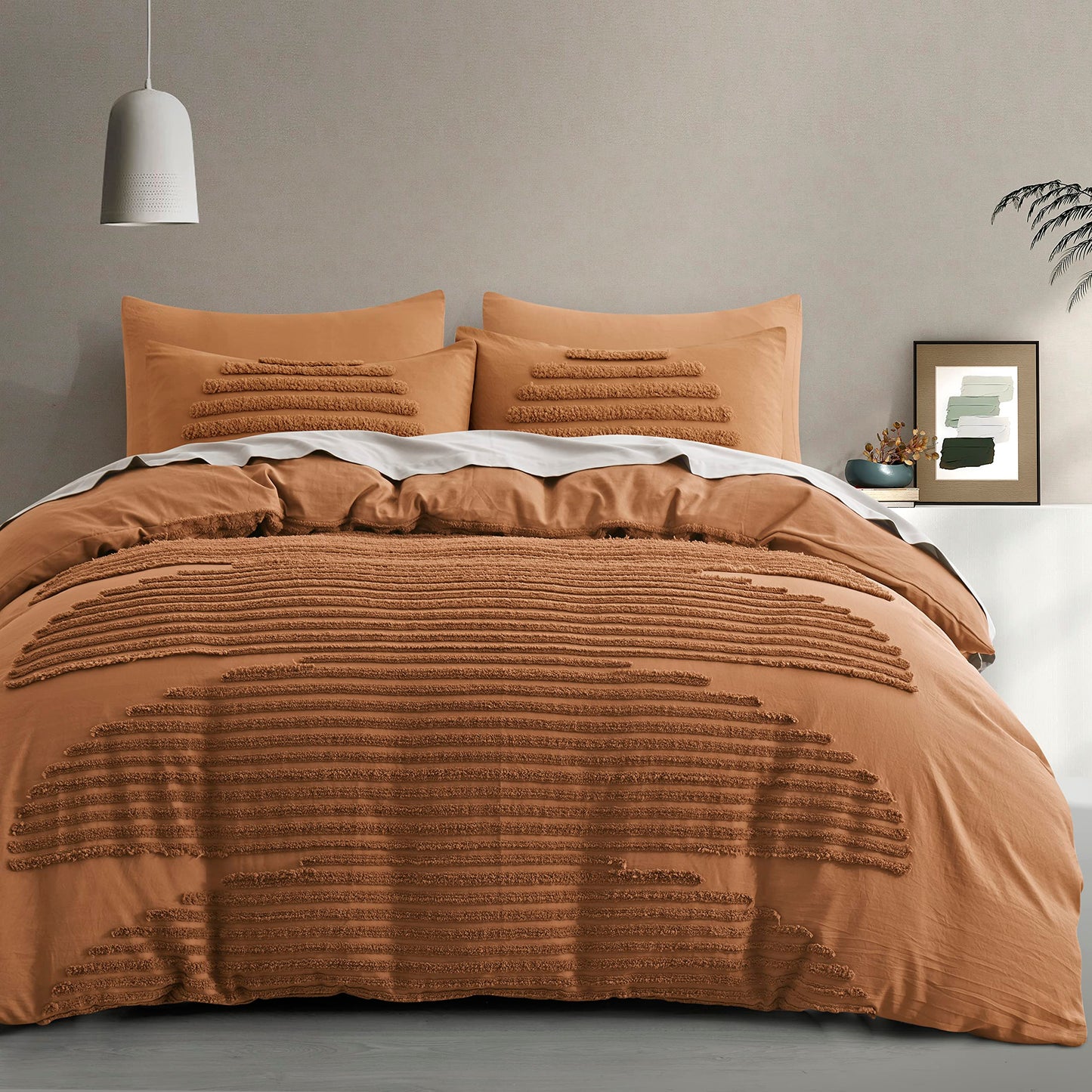 BEDAZZLED Queen Size Duvet Cover, 5 Pieces Pumpkin Brown Textured Duvet Cover Sets, Soft and Breathable Boho Tufted Bedding Comforter Cover Set for Gifts, Comforter Not Included (Pumpkin Brown, Queen)