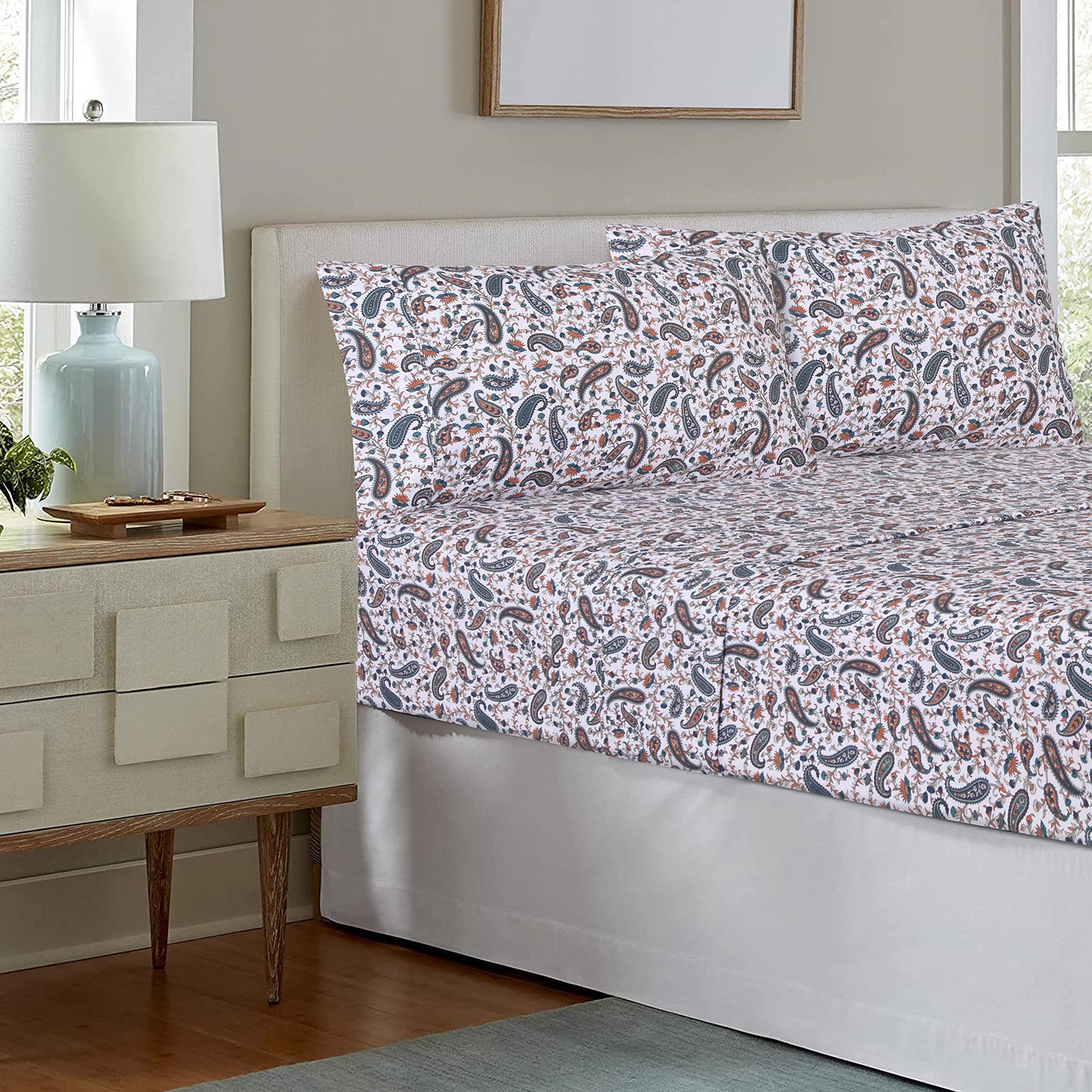 RUVANTI 100% Cotton Percale Sheets, Queen Size, Teal Paisley