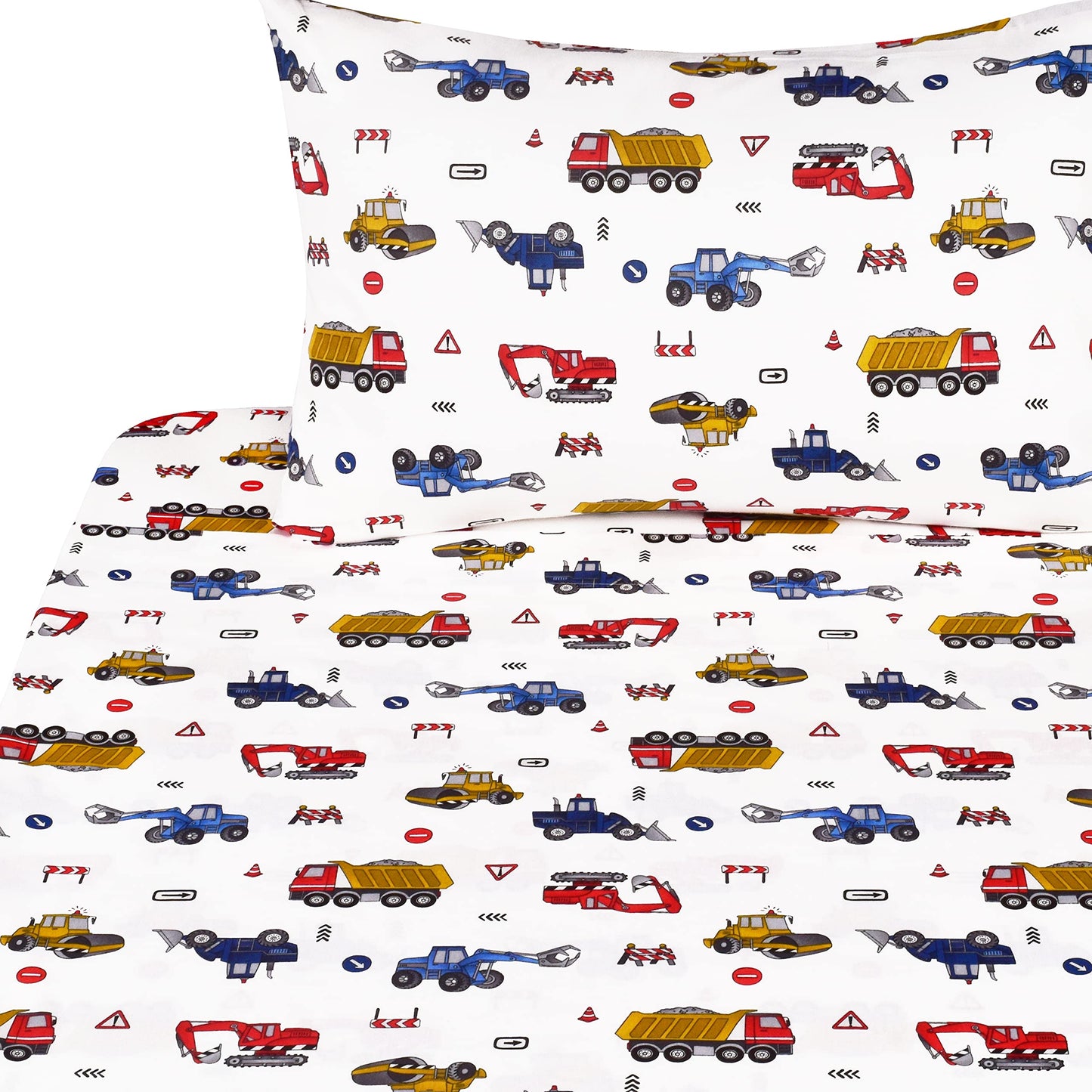J-pinno Building Construction Car Truck Digger Transport Vehicle Twin 100% Cotton 3 Pieces Sheet Set for Kids Girls Children, Flat Sheet + Fitted Sheet + Pillowcase Bedding Decoration Gift Set