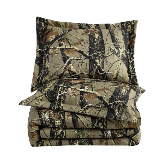 Chezmoi Collection Salem 3-Piece Cabin Lodge Forest Woods Comforter Set - Nature Camo Tree Leaves Printed Soft Microfiber Bedding - Natural, Queen