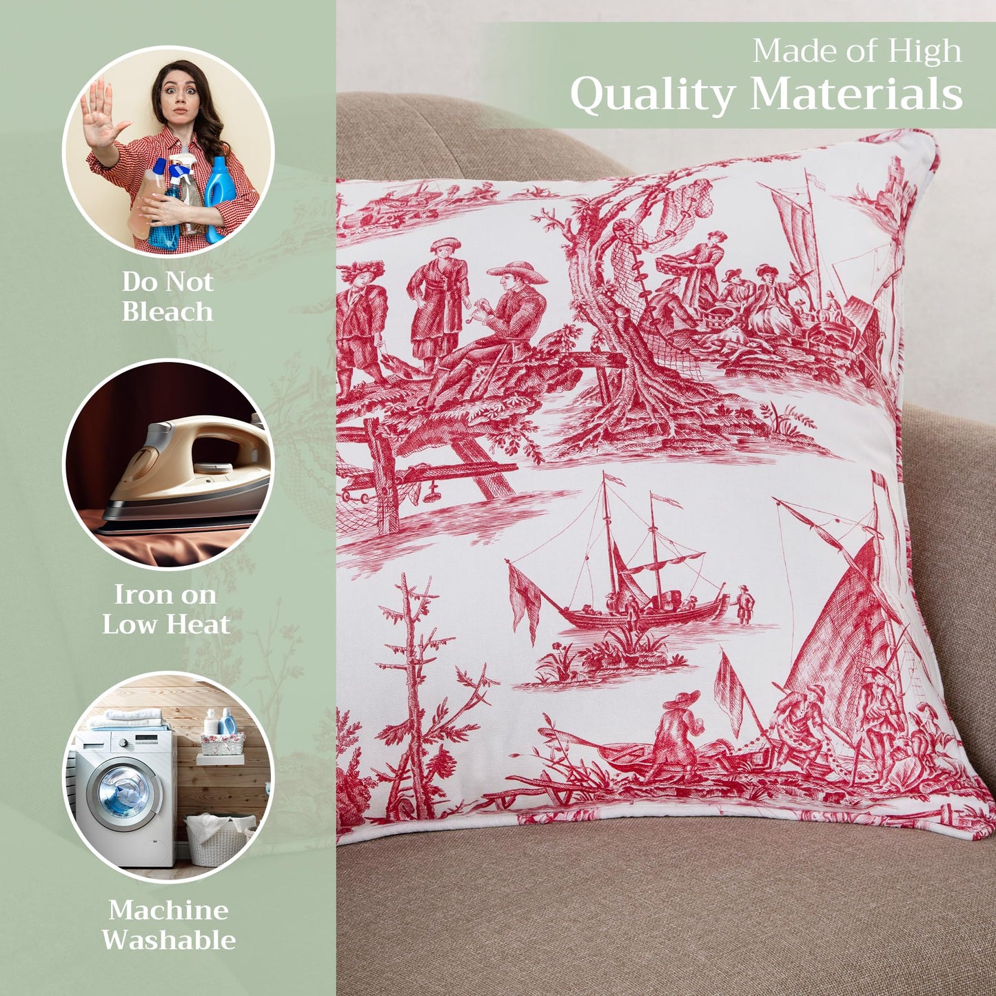 Maison d' Hermine Decorative Pillow Covers 18 x 18 inch Square 100% Cotton Toile Throw Pillow Covers with Invisible Zipper for Couch Chair Sofas Spring Summer (Calais - Red (White Base))