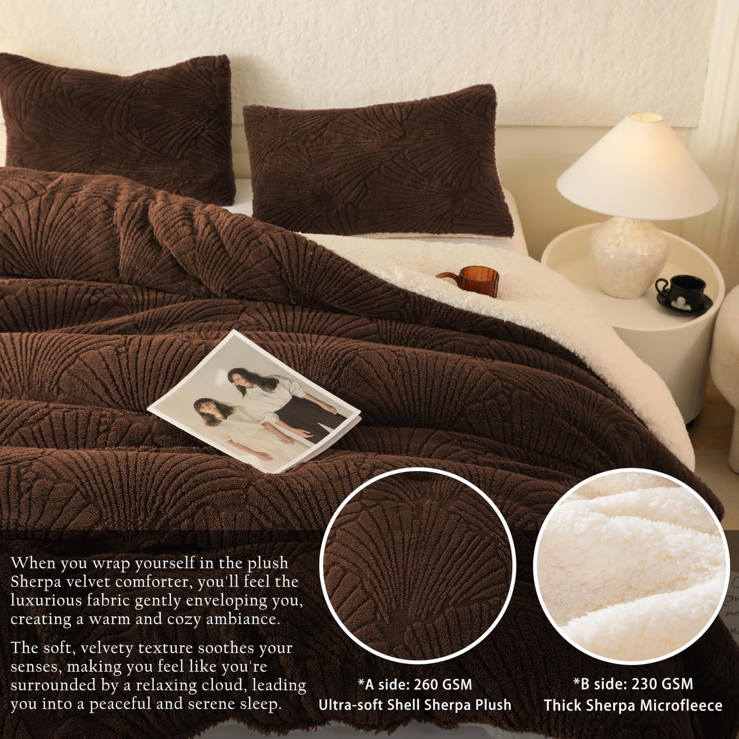 tohrisa Seashell Jacquard Sherpa Comforter Set Warm Cozy Premium Bedding 3 Pieces, King Size Geometric Pattern Quilt Comforter with 2 Pillowcases(104"X90" Coffee)