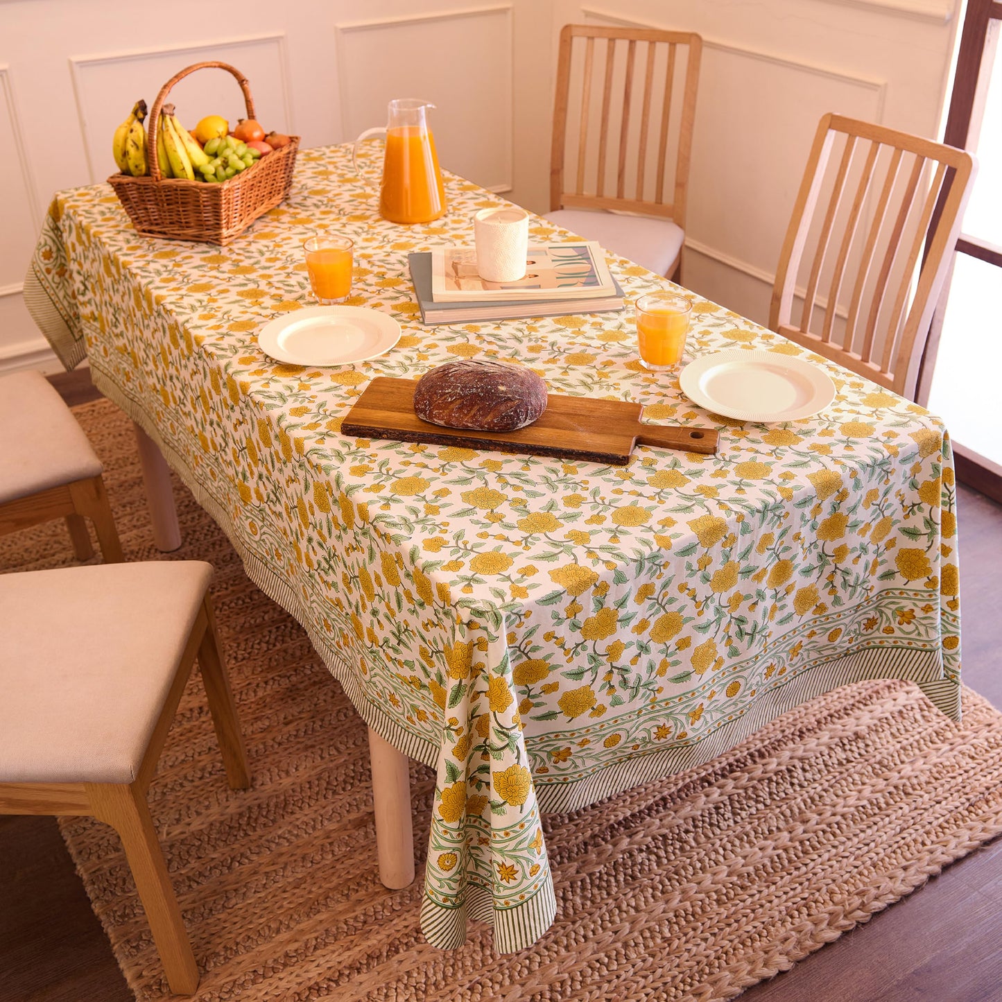 Encasa XO Rectangular Tablecloth 56"x72" 6 ft Yellow Jaipuri Block Print Cotton Dining Table Cloth | Handcrafted Floral tablecloths – Machine Washable for Indoor, Outdoor, Everyday Use
