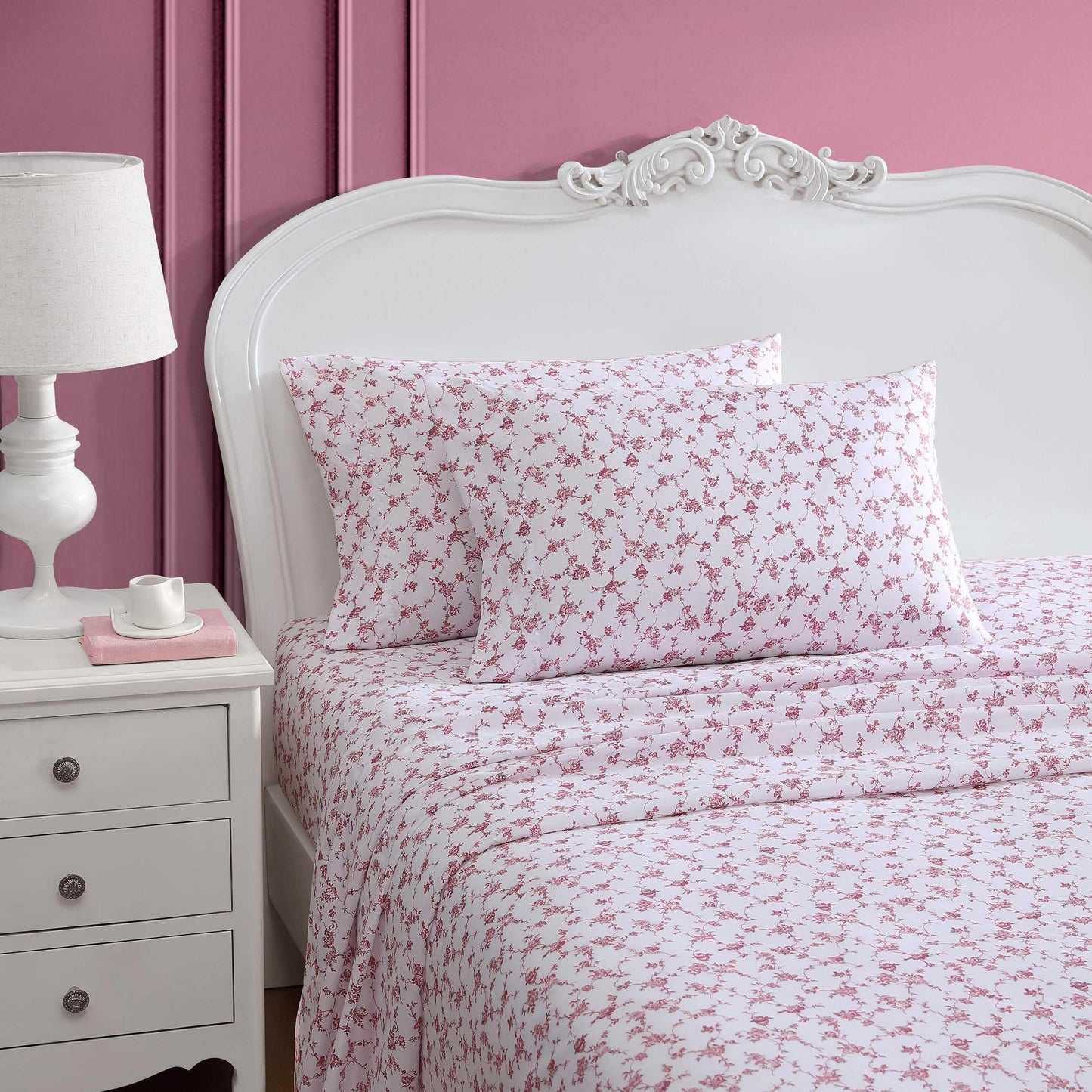 Betsey Johnson - Queen Bed Sheets, Soft & Lightweight Bedding, Fade & Wrinkle Resistant (Floral Toile Pink, Queen)
