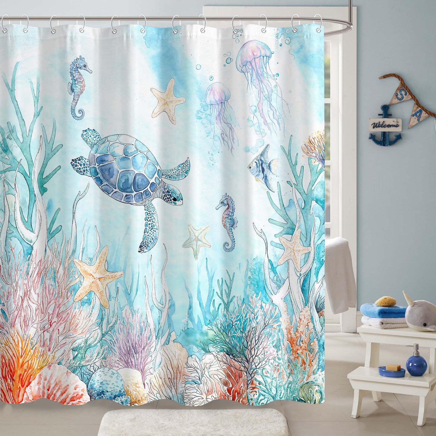 Sea Turtle Shower Curtain Sets Blue Turtles Coastal Shower Curtains for Bathroom Jellyfish Shell Coral Octopus Beach Ocean Style Aesthetics Decor Waterproof Fabric 72 x 72 inch with Hooks (Blue 9)