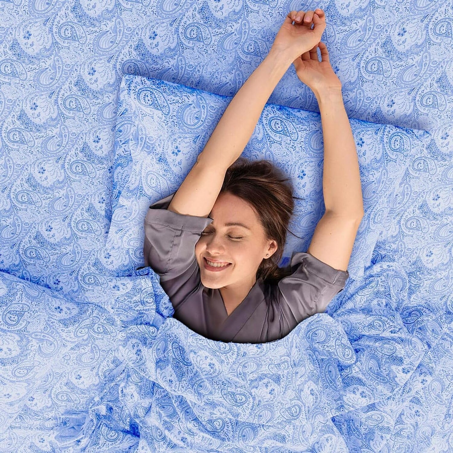 Ultra Soft Wrinkle-Free Microfiber Paisley Twin XL Sheet Set, Cute Floral Pattern Boho Print – 16" Deep Pocket Fitted Sheet, Flat Sheet & 2 Pillowcases, Breathable, OEKO-TEX - White/Blue