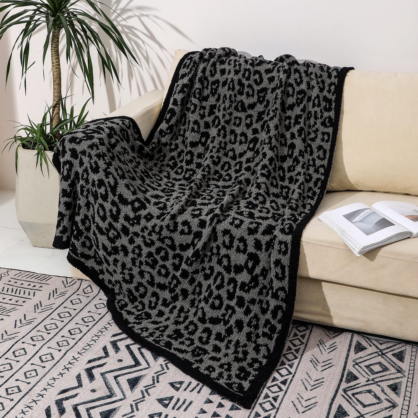 bearberry Fuzzy Leopard Knitted Throw Blanket Soft Cozy Warm Microfiber Blanket for Couch Sofa Bed Travel(Graphite/Carbon, 50"x60")