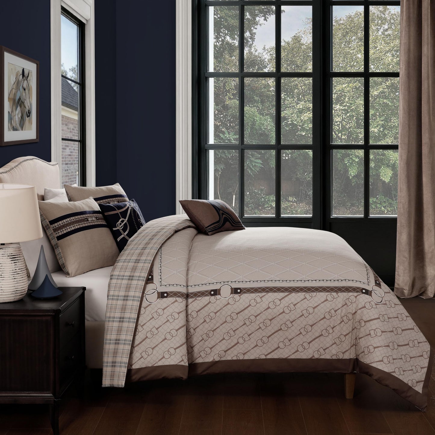Bebejan Equestrian 5 Piece Comforter Set, 100% Cotton Sateen, 220 Thread Count, Tan Reversible Bedding Comforter Set, 1 Comforter, 2 Shams & 2 Pillows (King/Cal King)