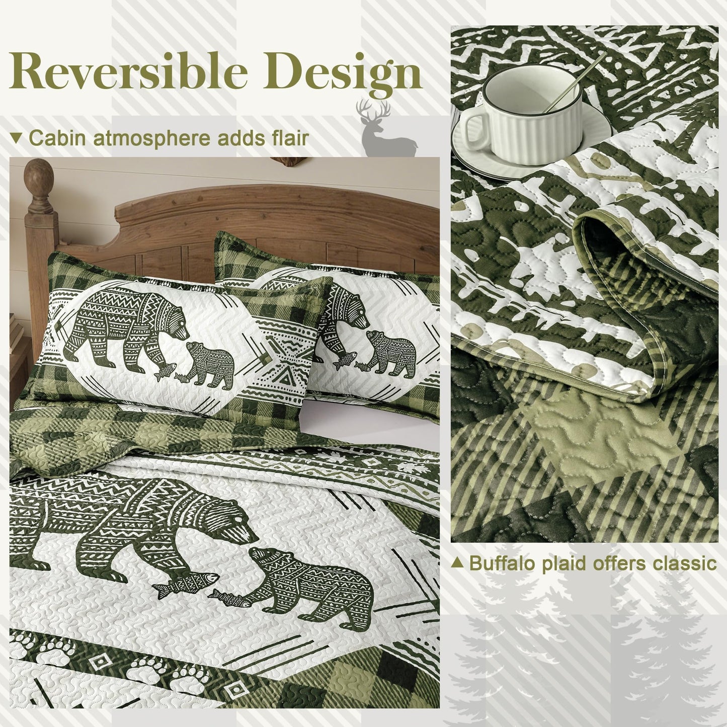 3 Piece Cabin Full/Queen Quilt Sets Farmhouse Rustic Reversible Microfiber Soft Lightweight Bedspread Comforter with 2 Shams Patchwork Country Lodge Bedding Quilts Set for All Season, 90''x96'', Green