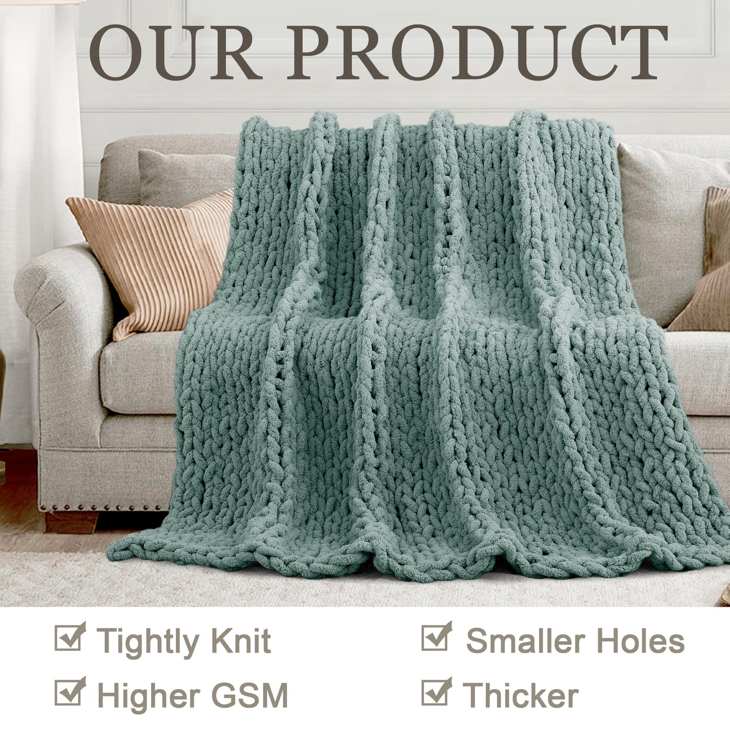 LONG CREATE Chunky Knit Throw Blanket Bundle Chenille Throw Blanket， 50"X 60" Sage Green