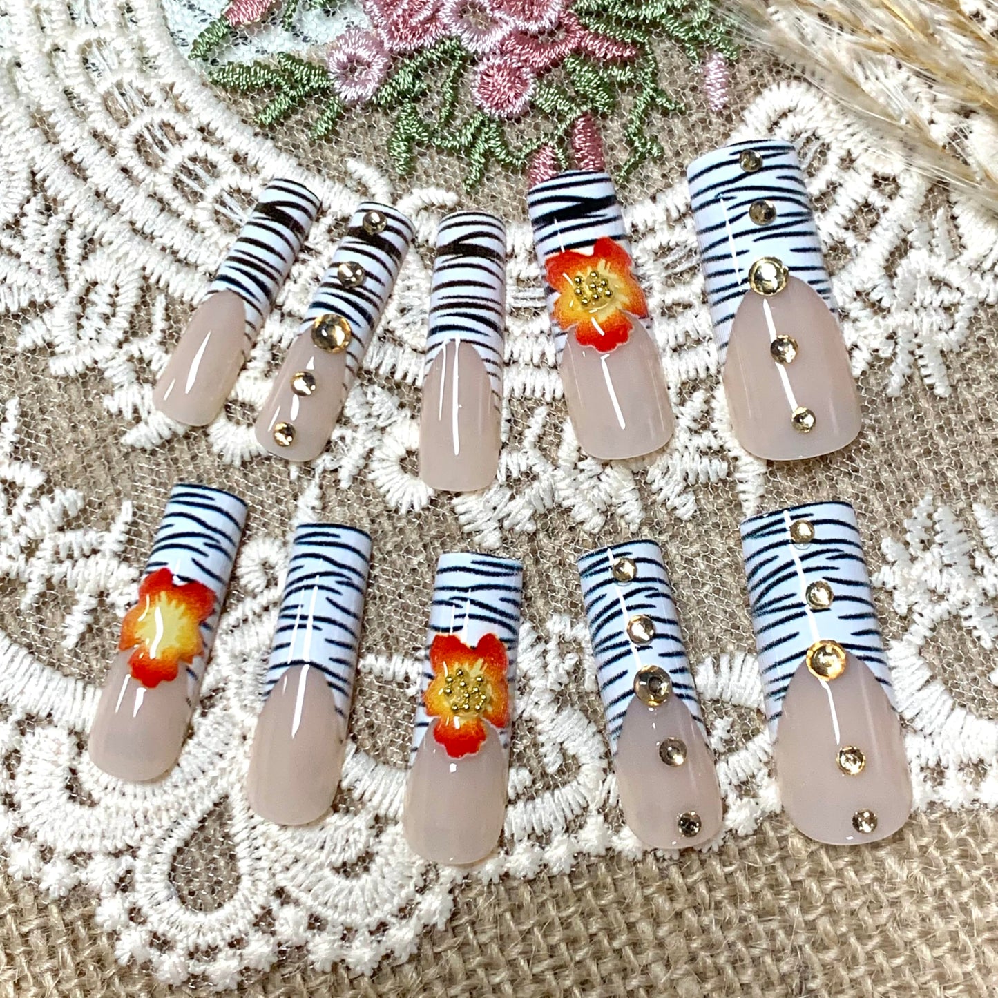 BABALAL Press on Nails Long Square Fake Nails Y2k Zebra White French Tip Glue ons 3D Texture Orange Flower Handmade Supplies with Rhinestone Luxury 24Pcs Wild Fall Glossy Full Cover False Nails