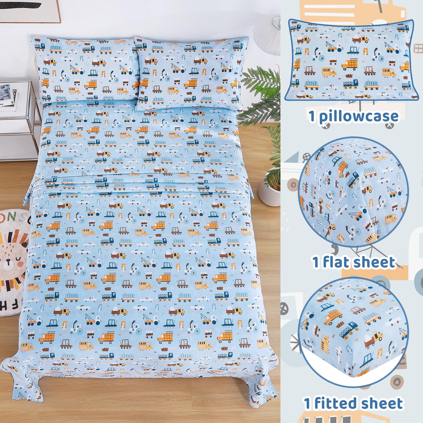 Viviland 3 Pieces Boys Blue Truck Twin Sheet Set - Soft Microfiber Fitted Flat Sheets & Pillowcase - Construction Truck Bedding Sets - for Kids & Toddlers