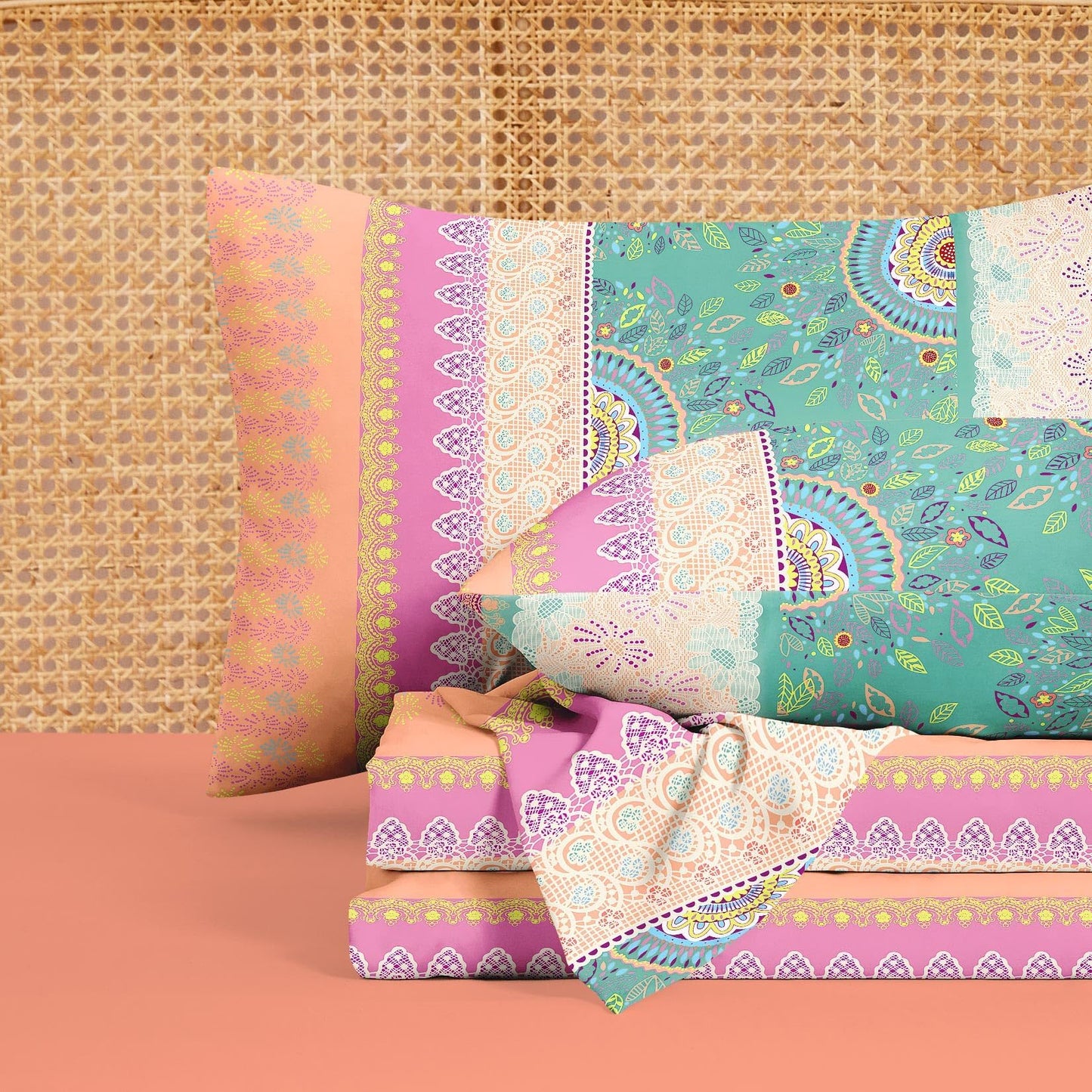 Wake In Cloud - Boho Bed Sheets, 4-Piece Sheet Set, Bohemian Chic Medallion Colorful Hippie Aesthetic Bedding, Deep Pocket, Orange Green, Queen Size